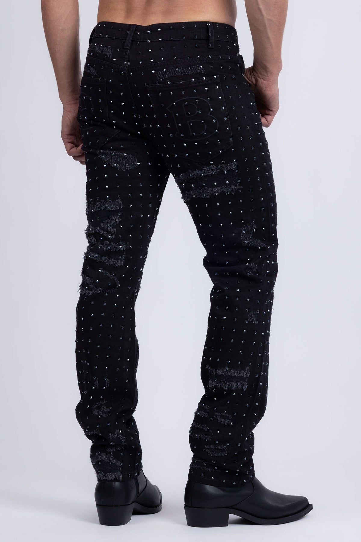 Barabas Men's Rhinestone Denim Casual Washed Jeans 5JES01 Black Gun Metal
