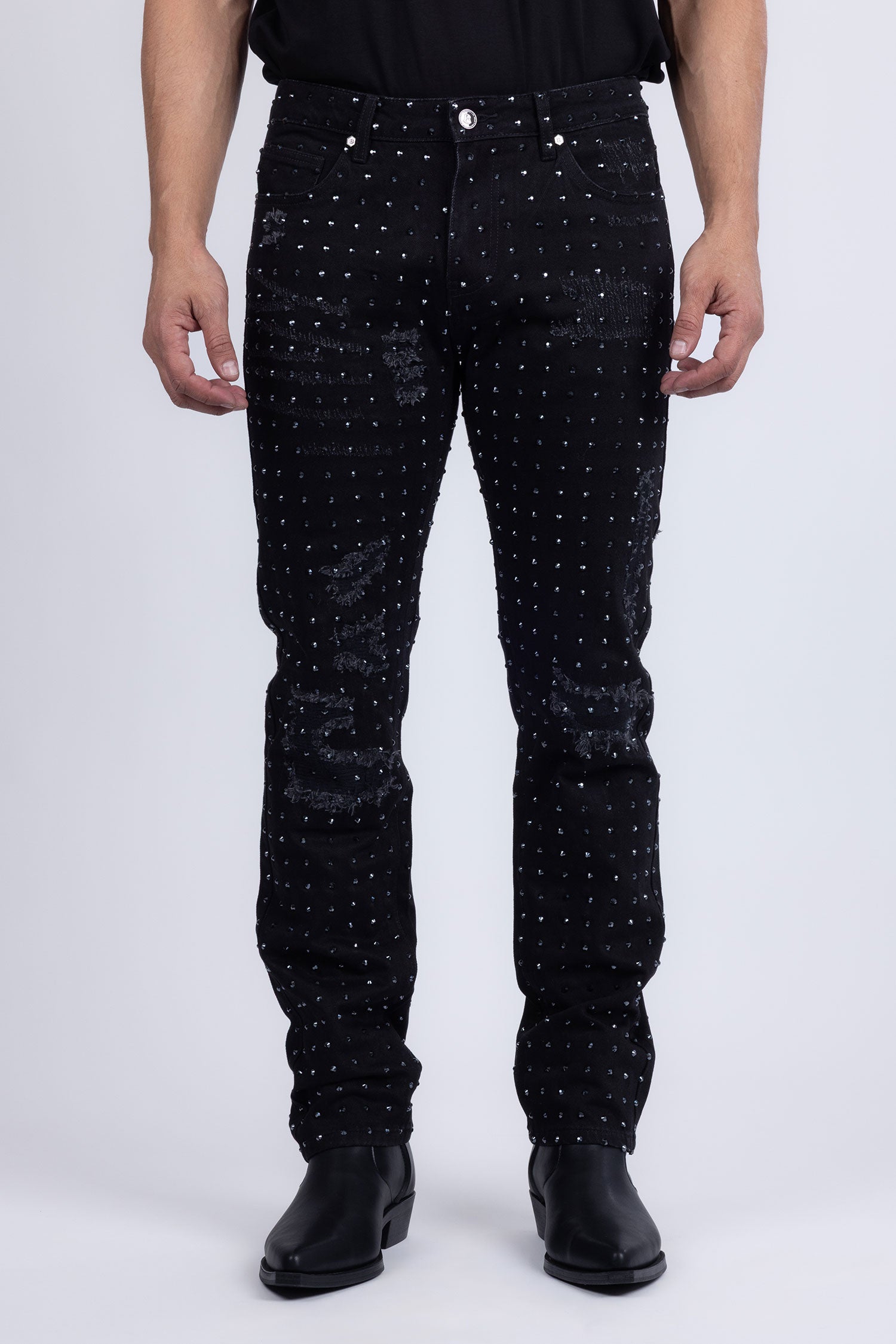 Barabas Men's Rhinestone Denim Casual Washed Jeans 5JES01 Black Gun Metal