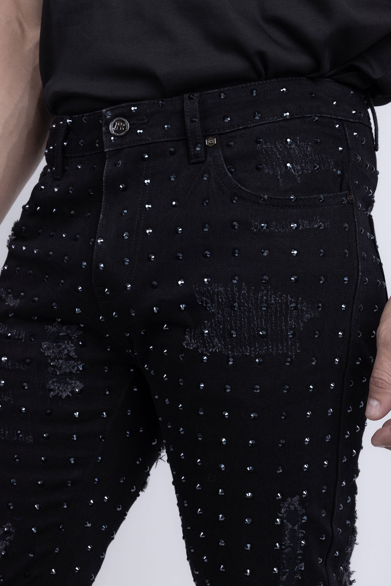 Barabas Men's Rhinestone Denim Casual Washed Jeans 5JES01 Black Gun Metal