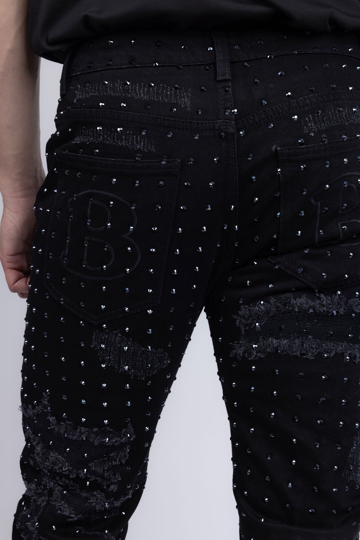 Barabas Men's Rhinestone Denim Casual Washed Jeans 5JES01 Black Gun Metal