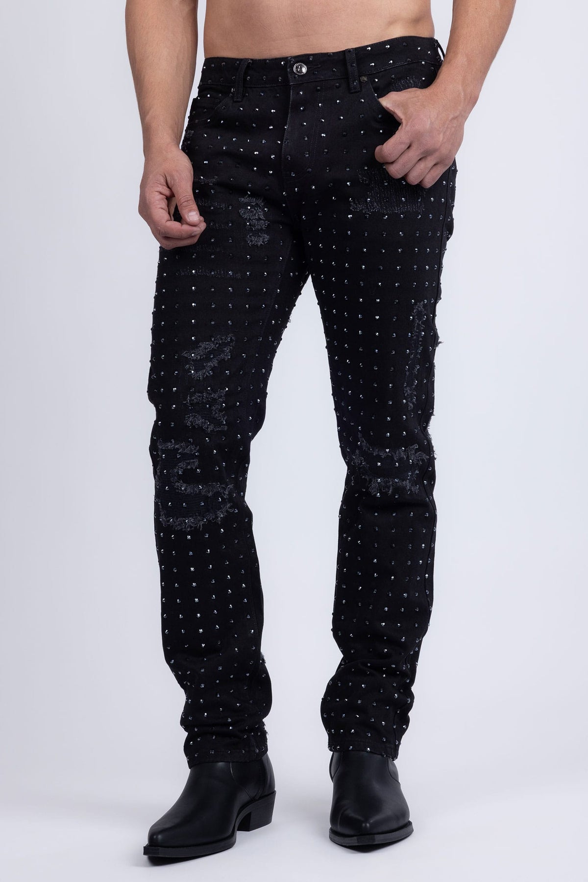 Barabas Men's Rhinestone Denim Casual Washed Jeans 5JES01 Black