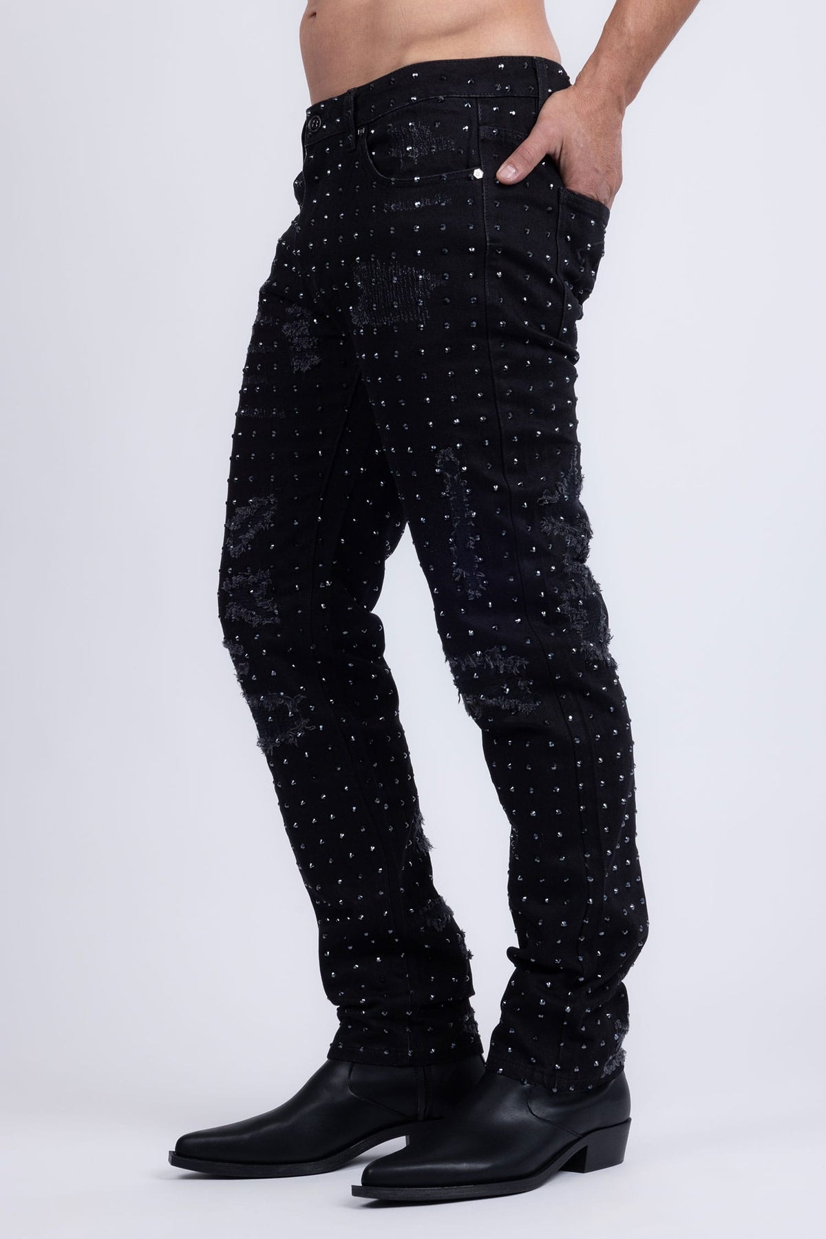 Barabas Men's Rhinestone Denim Casual Washed Jeans 5JES01 Black