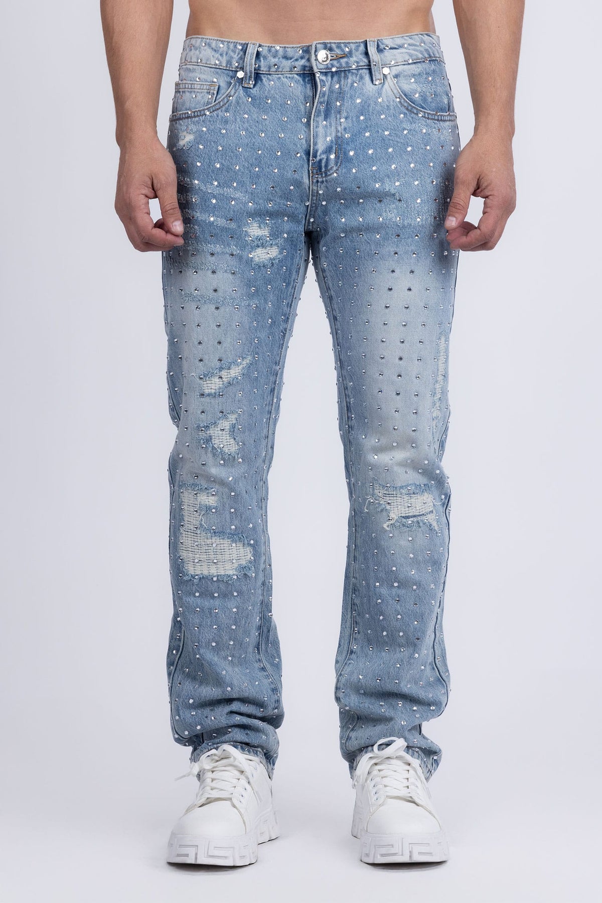 Barabas Men's Rhinestone Denim Casual Washed Jeans 5JES01 Light Blue
