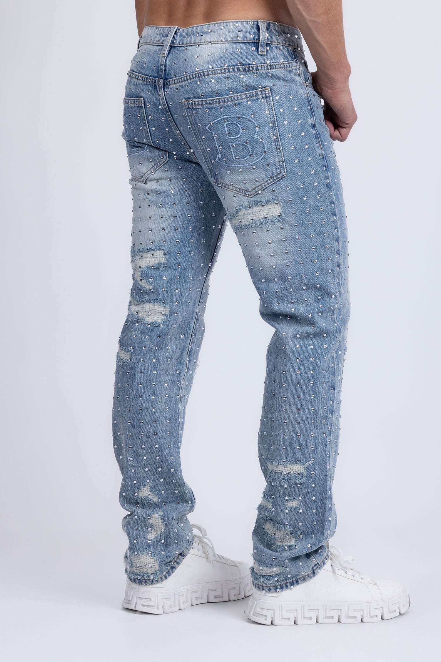 Barabas Men's Rhinestone Denim Casual Washed Jeans 5JES01 Light Blue