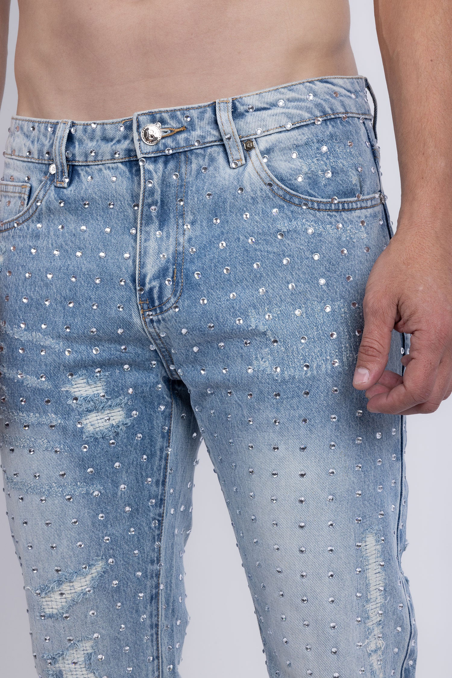 Barabas Men's Rhinestone Denim Casual Washed Jeans 5JES01 Light Blue