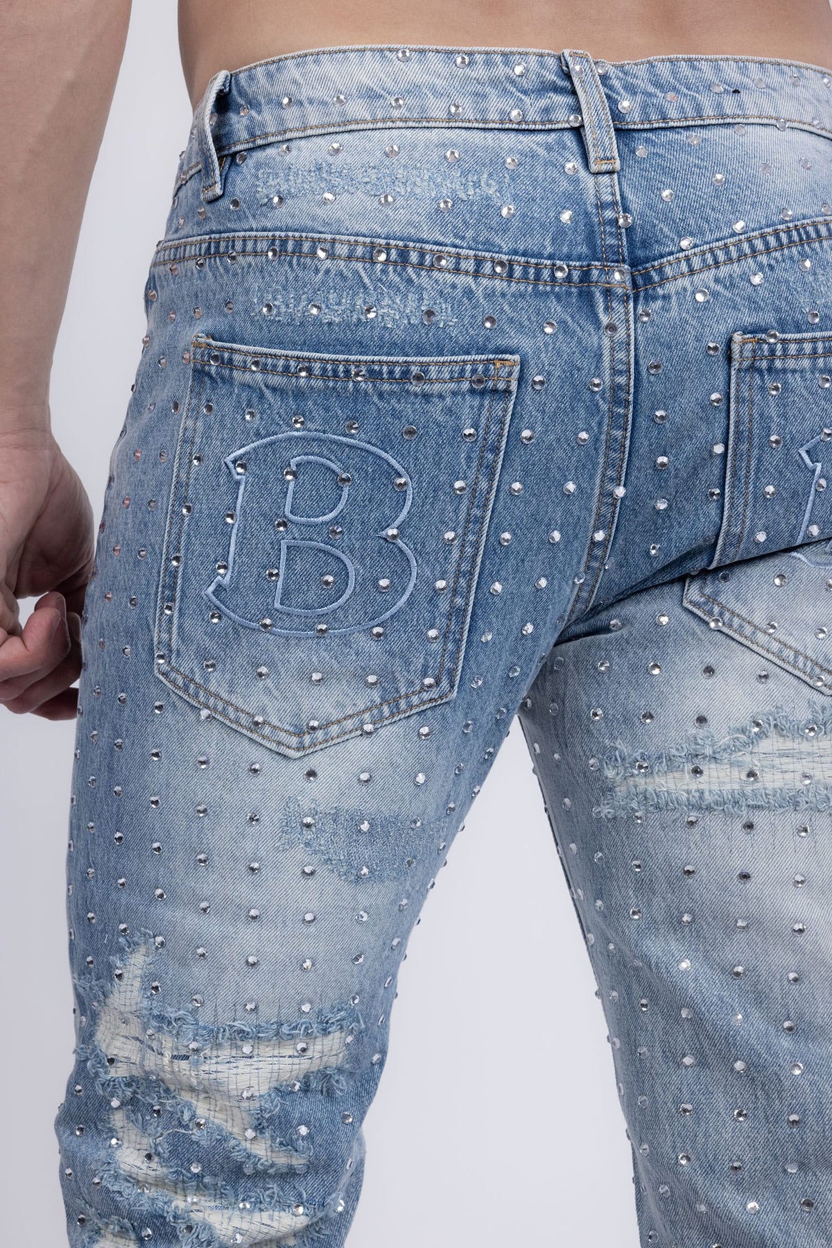 Barabas Men's Rhinestone Denim Casual Washed Jeans 5JES01 Light Blue