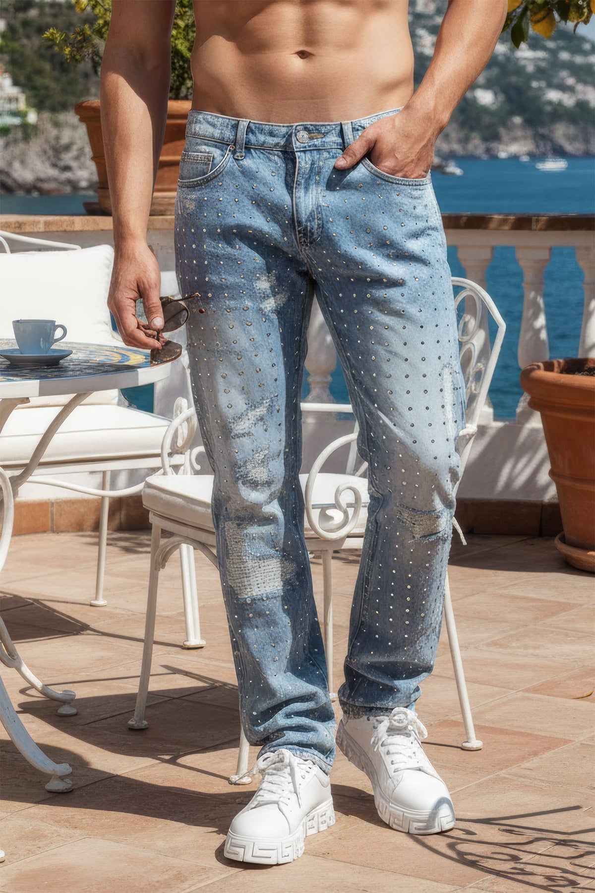 Barabas Men's Rhinestone Denim Casual Washed Jeans 5JES01 Light Blue