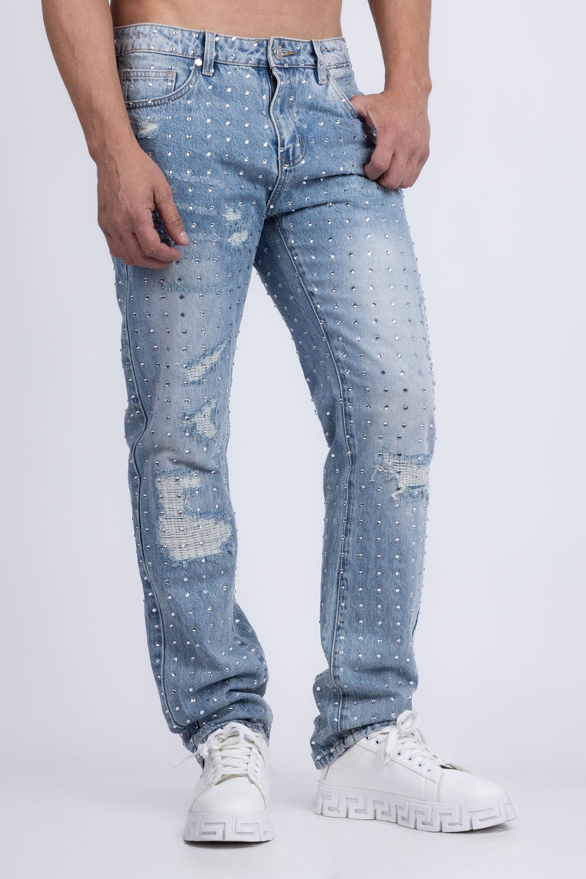 Barabas Men's Rhinestone Denim Casual Washed Jeans 5JES01 Light Blue
