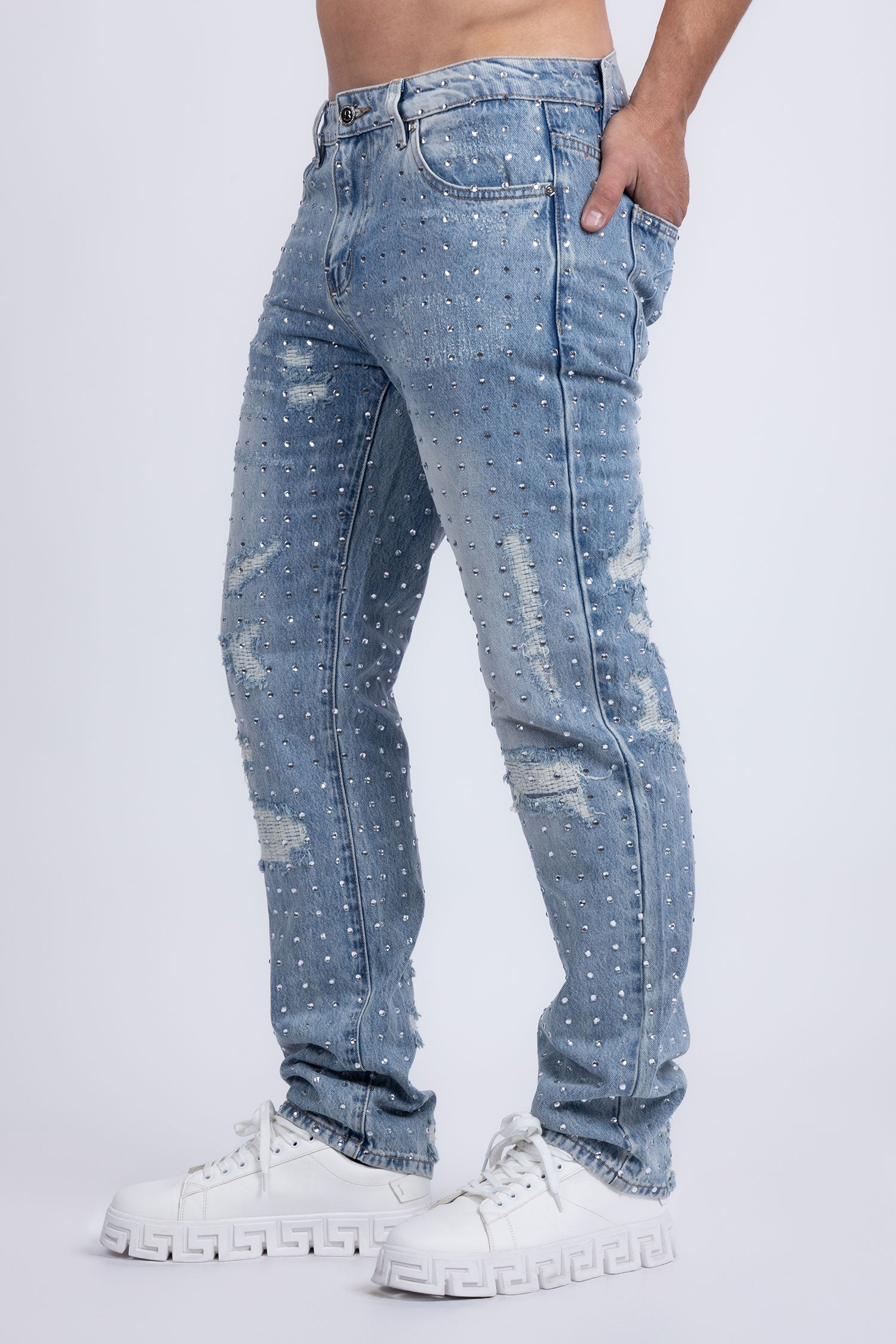 Barabas Men's Rhinestone Denim Casual Washed Jeans 5JES01 Light Blue