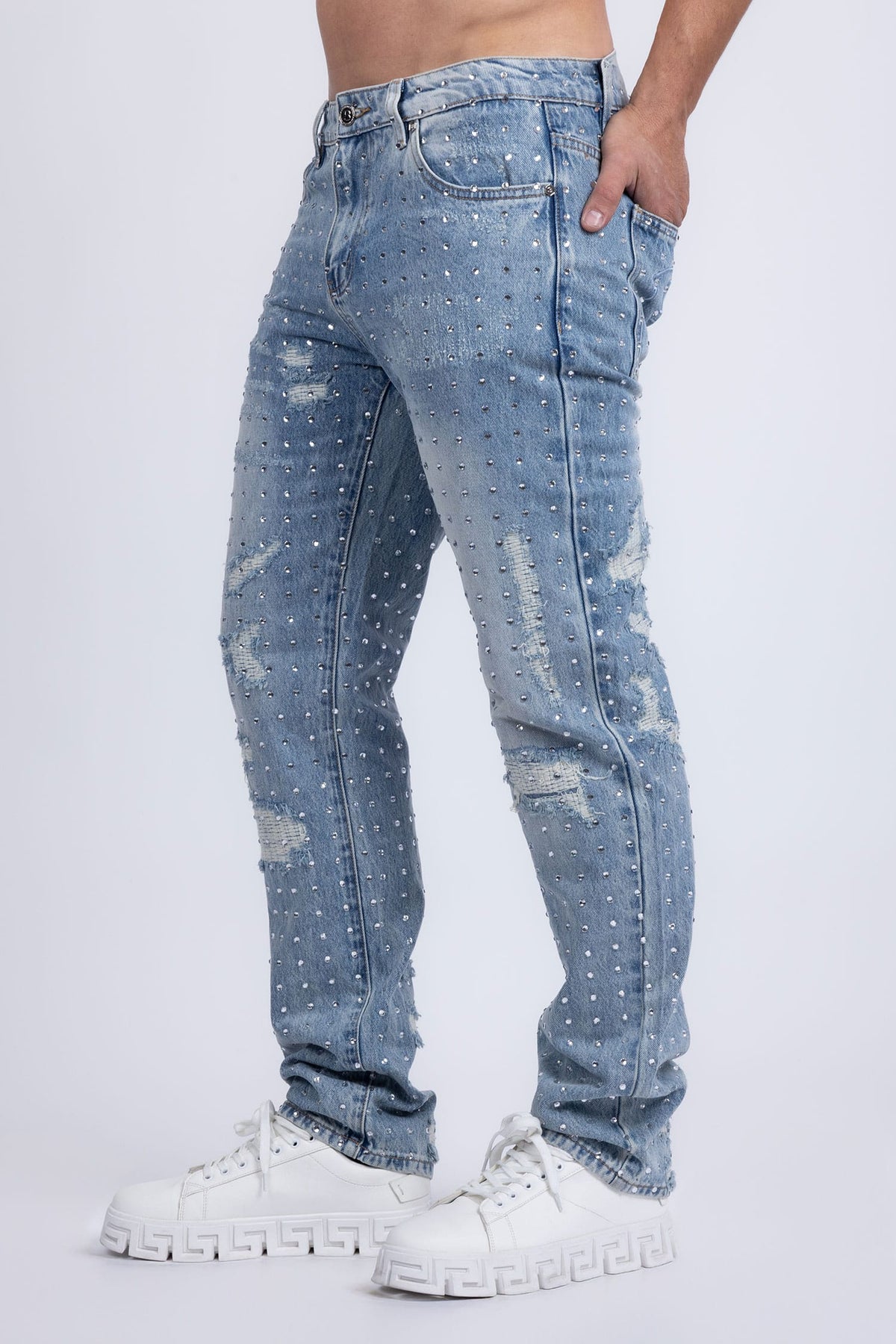 Barabas Men's Rhinestone Denim Casual Washed Jeans 5JES01 Light Blue