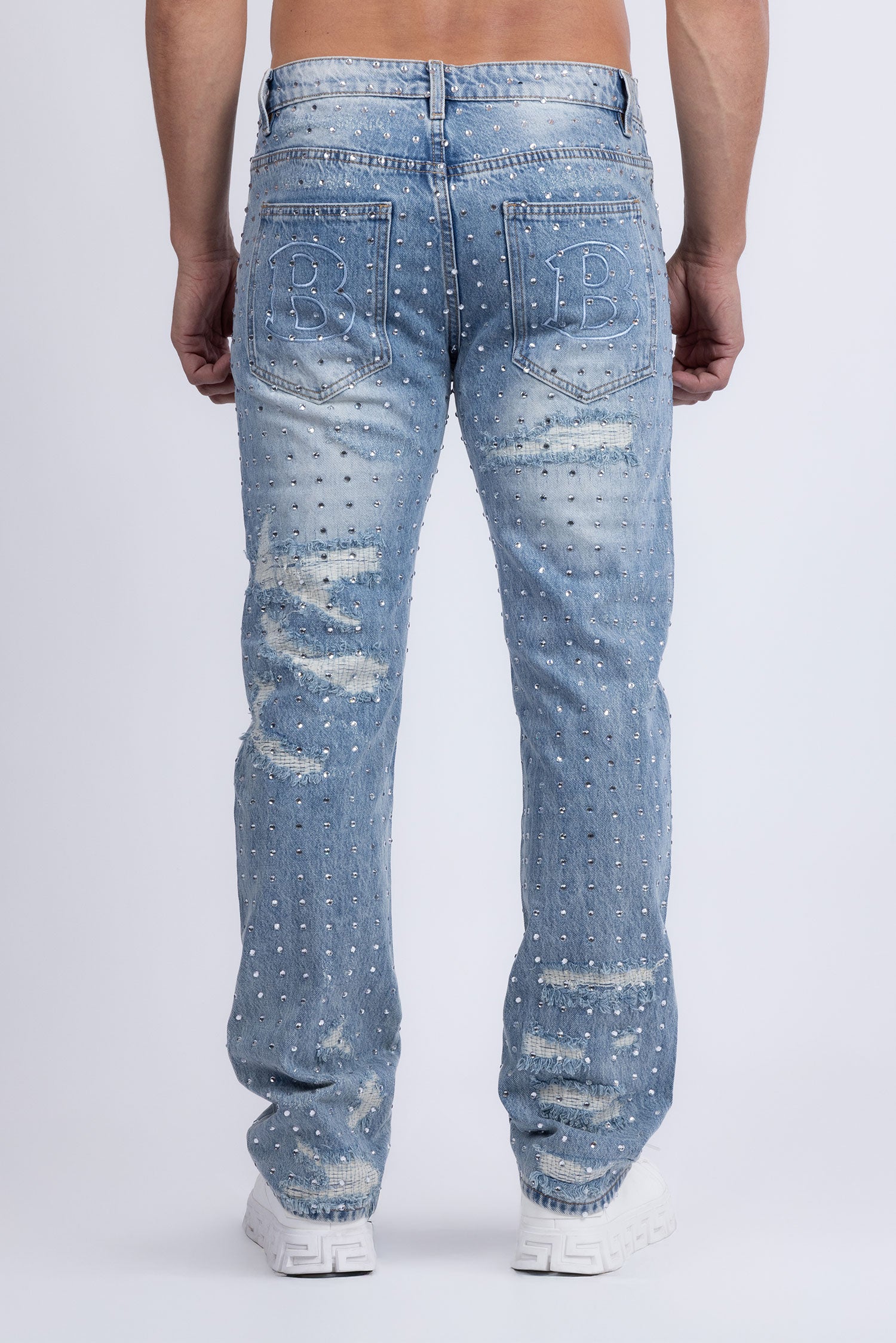 Barabas Men's Rhinestone Denim Casual Washed Jeans 5JES01 Light Blue