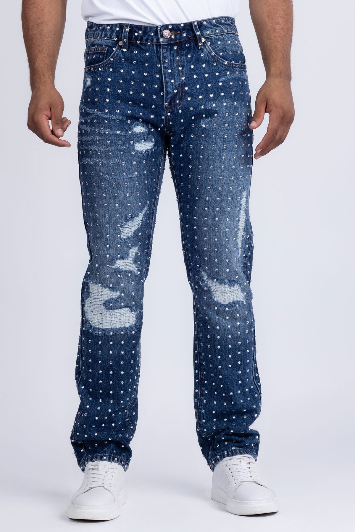 Barabas Men's Rhinestone Denim Casual Washed Jeans 5JES01 Blue