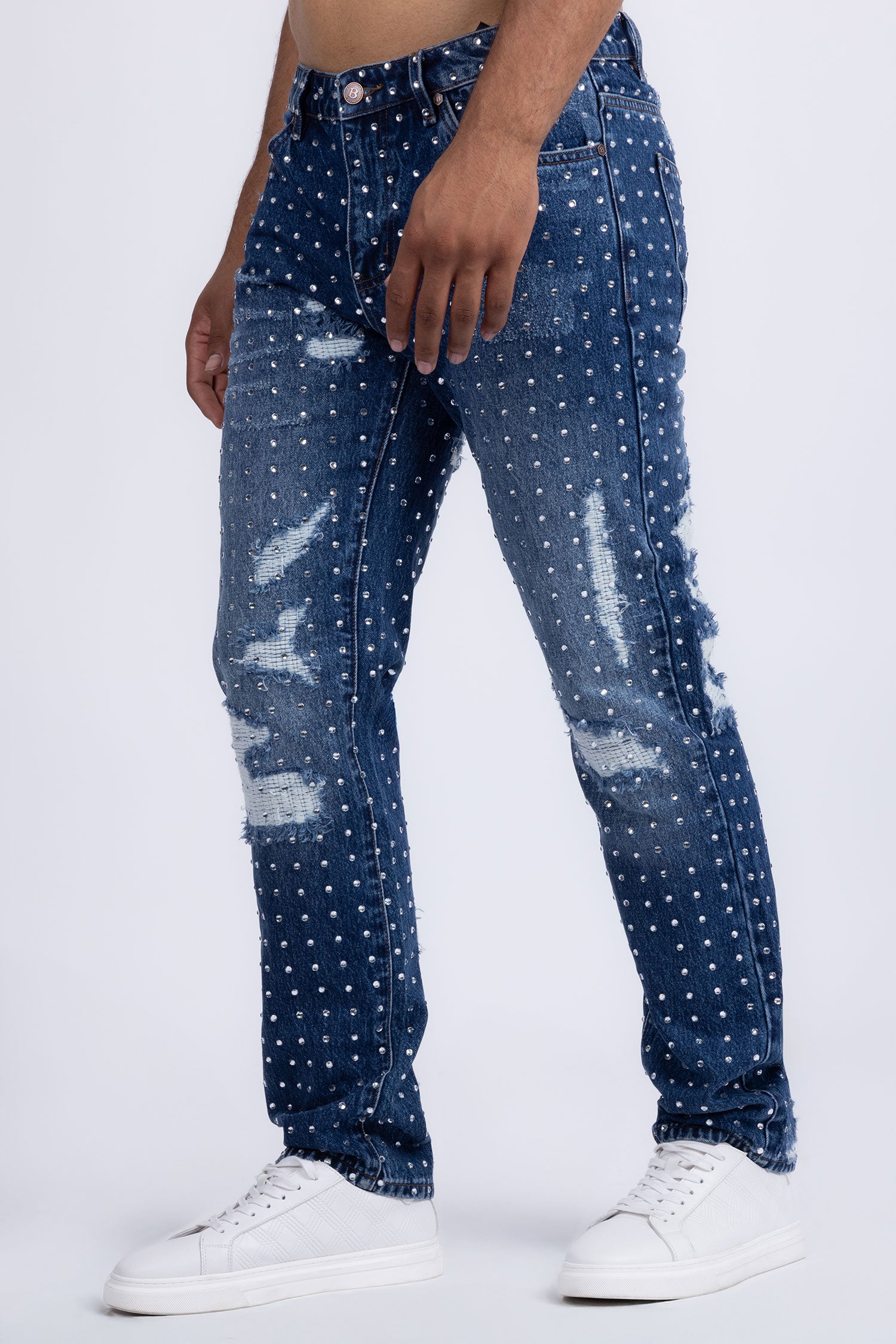 Barabas Men's Rhinestone Denim Casual Washed Jeans 5JES01 Blue