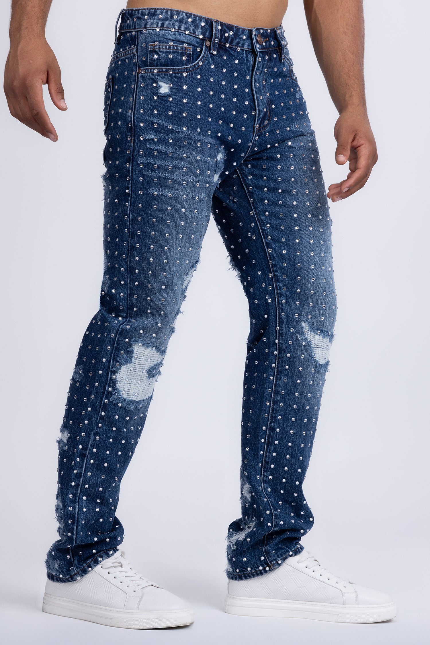 Barabas Men's Rhinestone Denim Casual Washed Jeans 5JES01 Blue