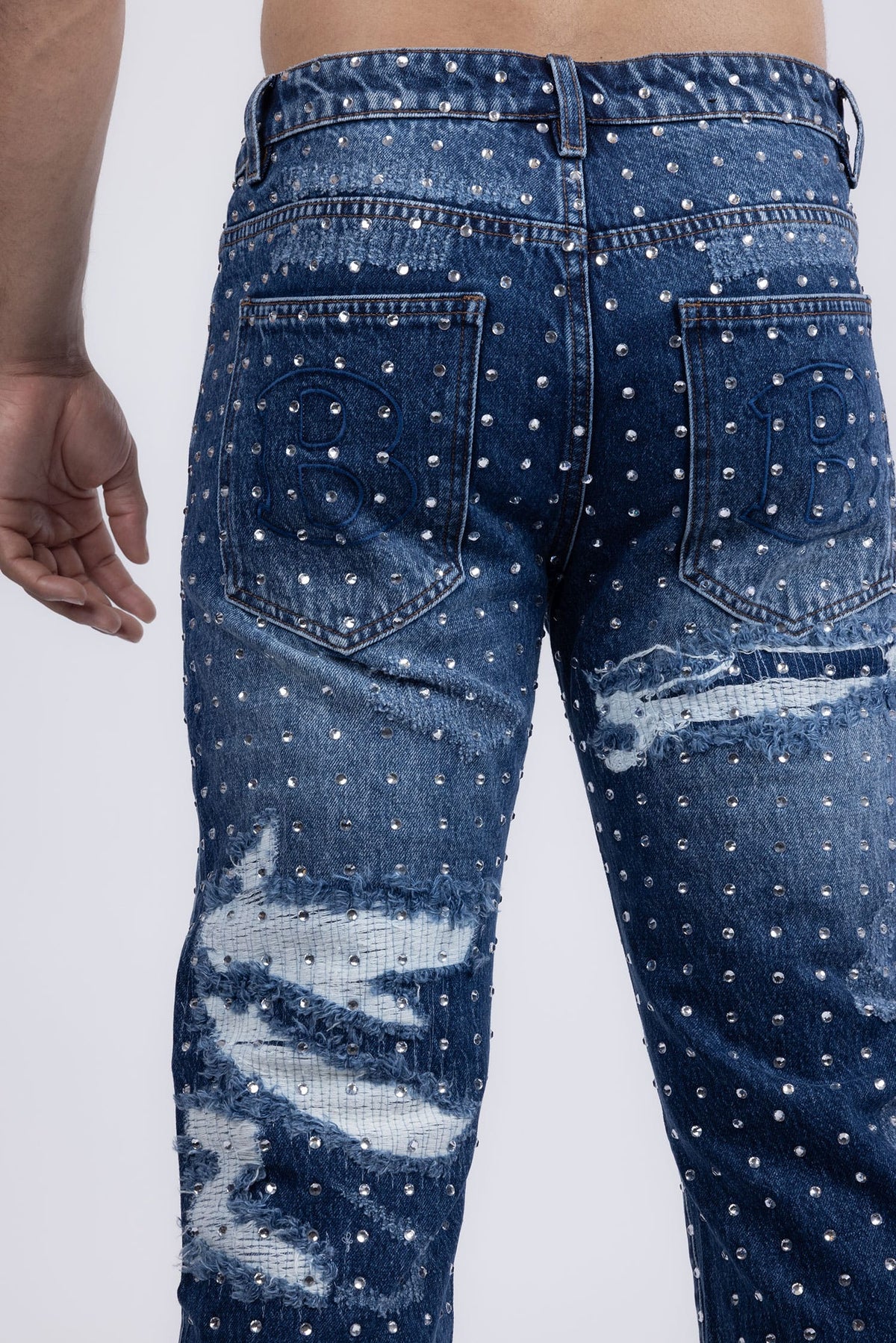 Barabas Men's Rhinestone Denim Casual Washed Jeans 5JES01 Blue