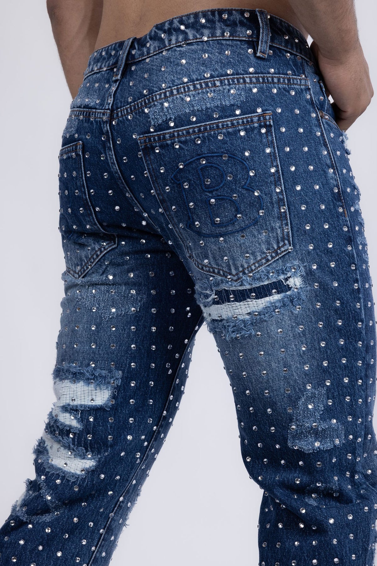Barabas Men's Rhinestone Denim Casual Washed Jeans 5JES01 Blue