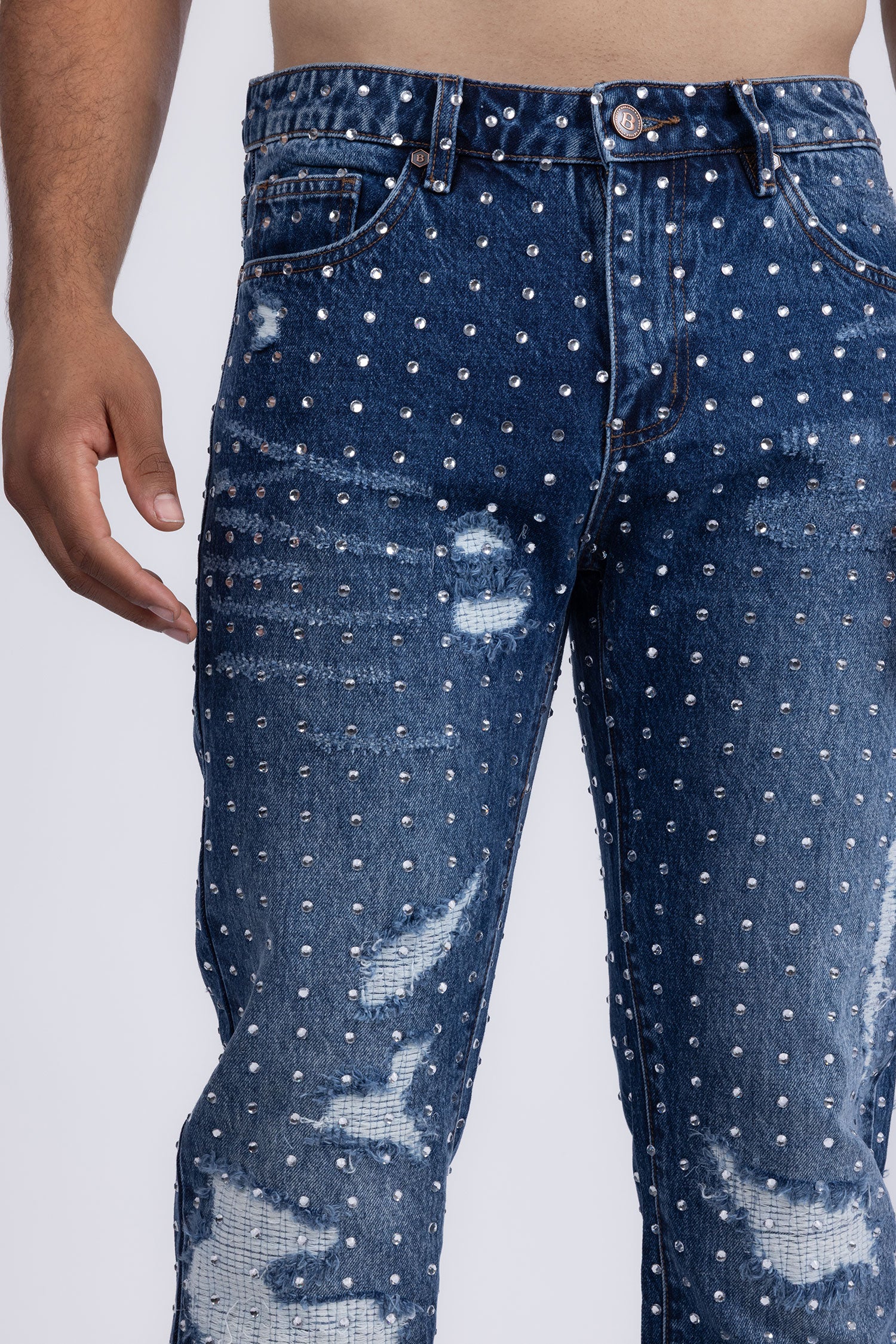 Barabas Men's Rhinestone Denim Casual Washed Jeans 5JES01 Blue