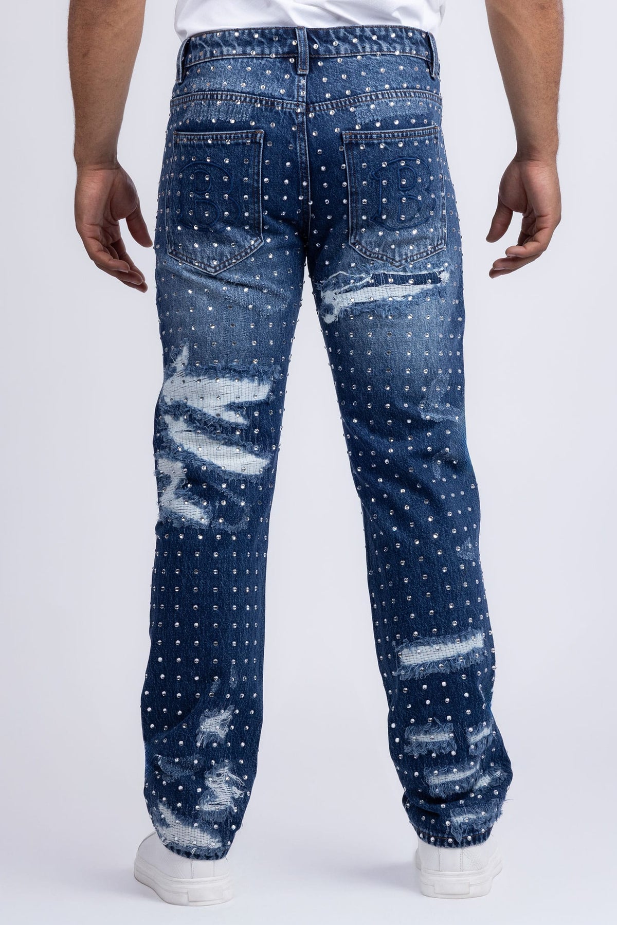 Barabas Men's Rhinestone Denim Casual Washed Jeans 5JES01 Blue
