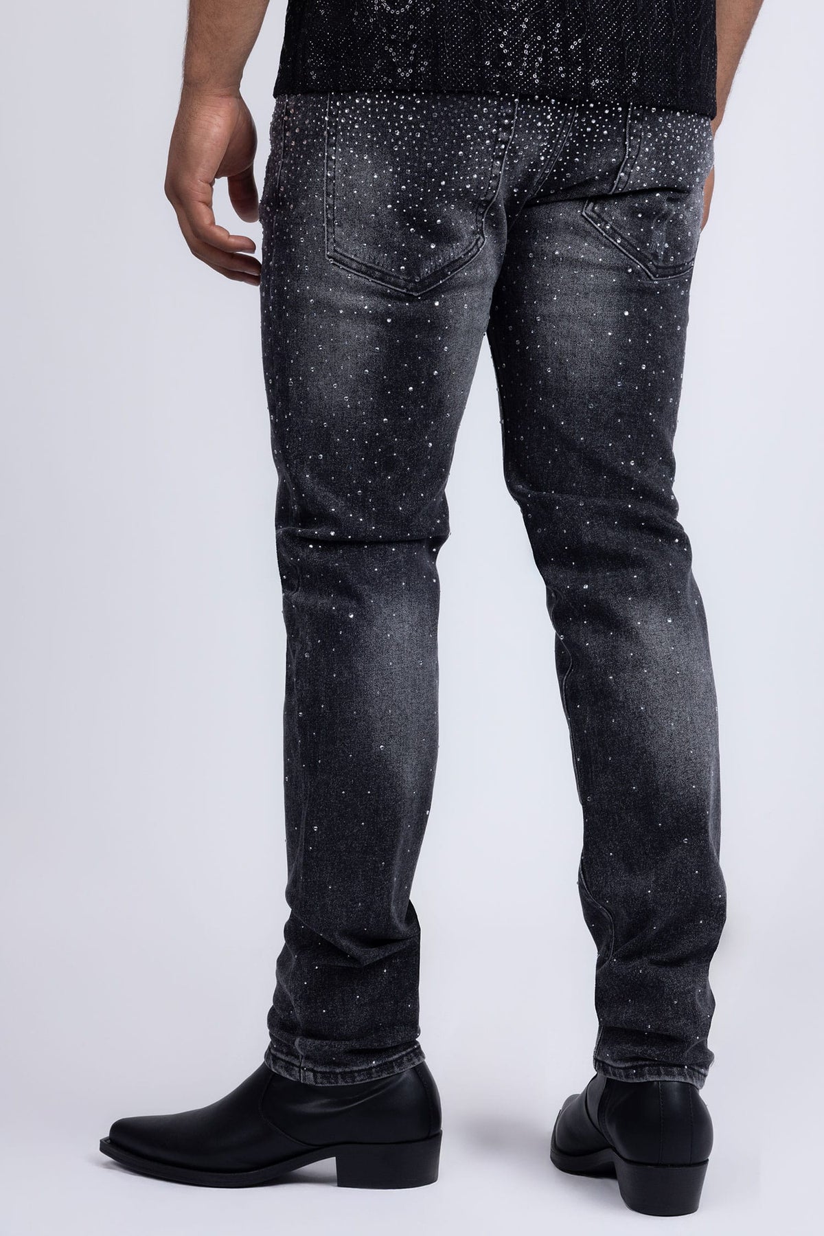 Barabas Men's Rhinestone Ripped Denim Washed Stretch Jeans 5JES02 Black SIlver