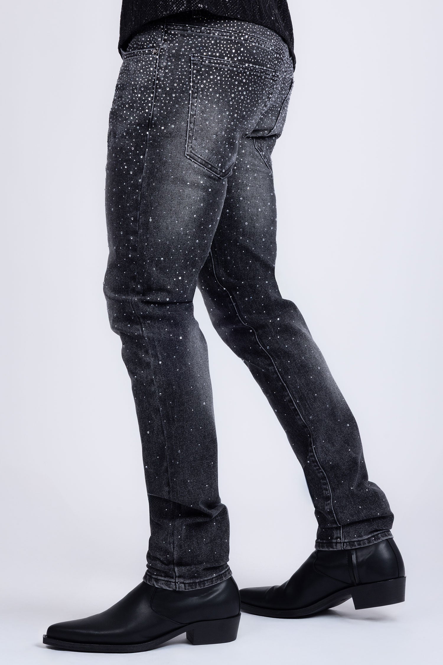 Barabas Men's Rhinestone Ripped Denim Washed Stretch Jeans 5JES02 Black SIlver