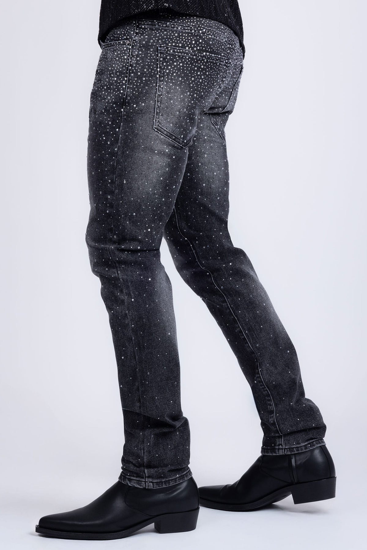Barabas Men's Rhinestone Ripped Denim Washed Stretch Jeans 5JES02 Black SIlver