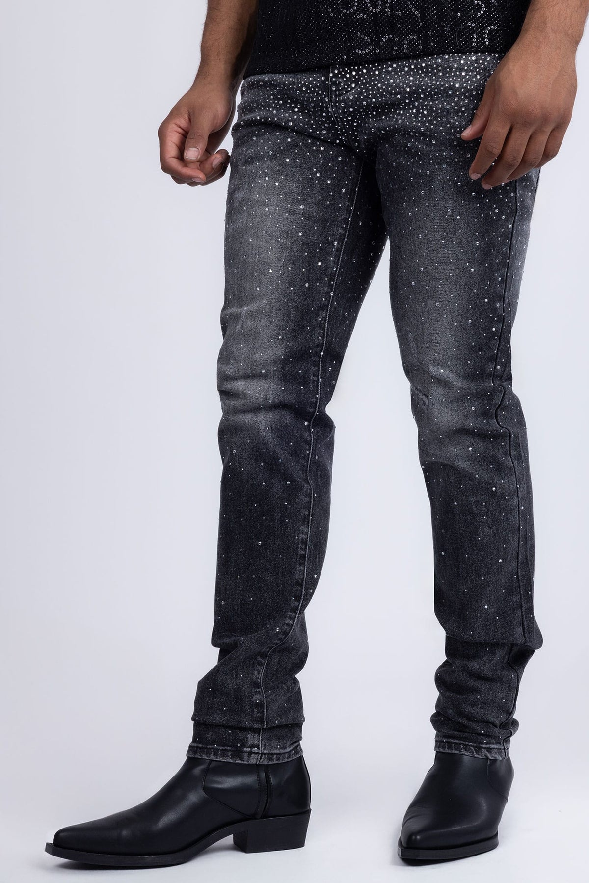 Barabas Men's Rhinestone Ripped Denim Washed Stretch Jeans 5JES02 Black SIlver