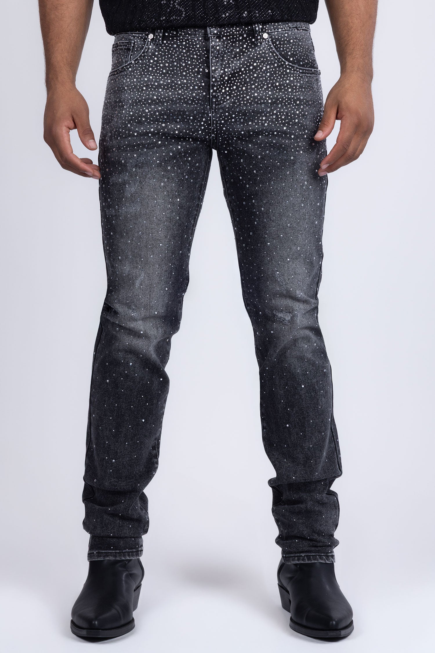 Barabas Men's Rhinestone Ripped Denim Washed Stretch Jeans 5JES02 Black SIlver