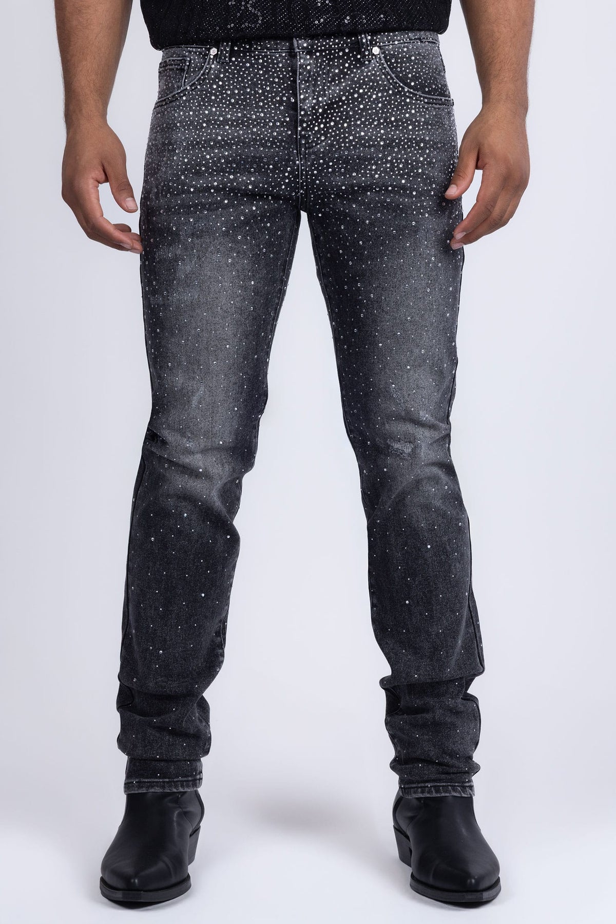 Barabas Men's Rhinestone Ripped Denim Washed Stretch Jeans 5JES02 Black SIlver