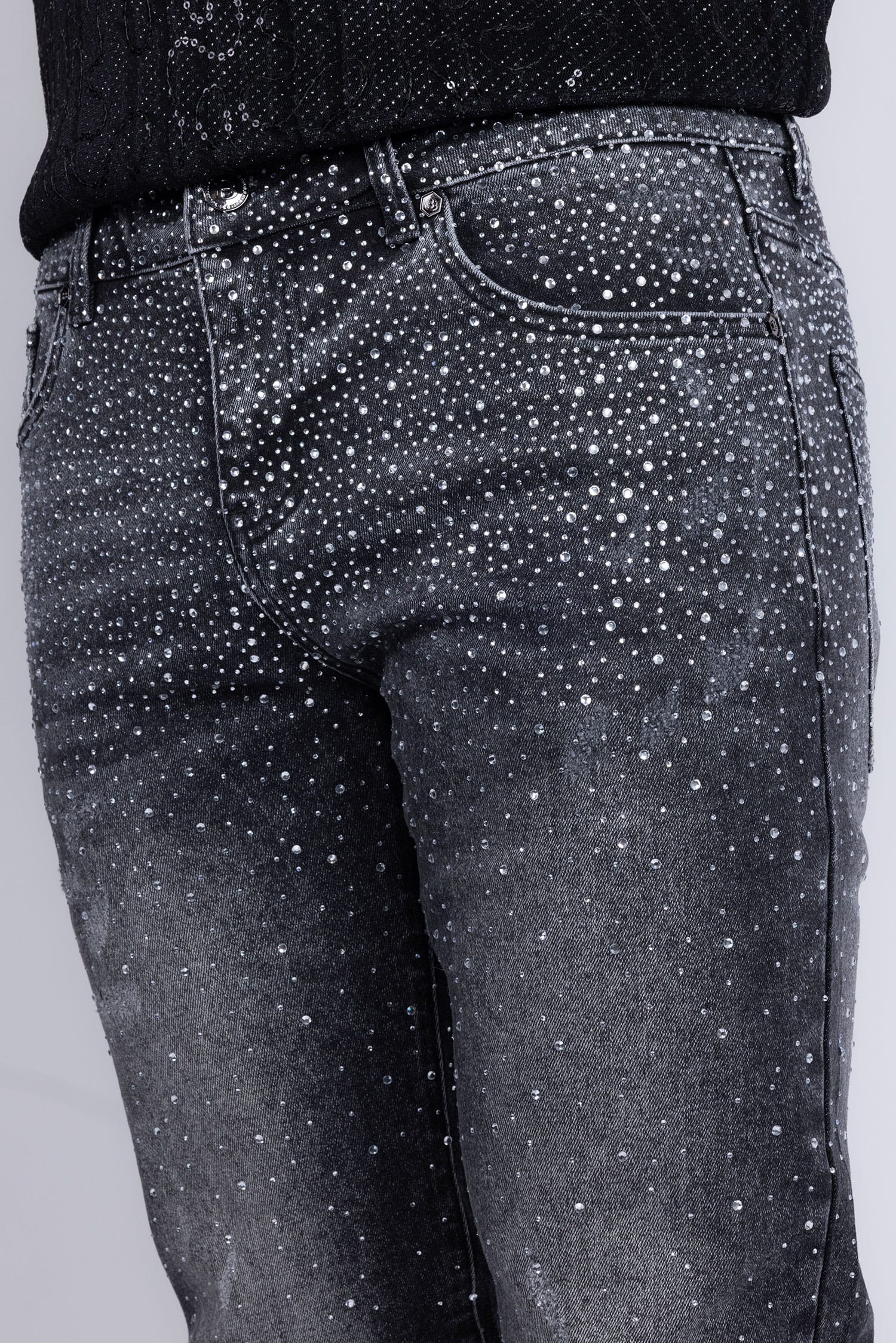 Barabas Men's Rhinestone Ripped Denim Washed Stretch Jeans 5JES02 Black Silver
