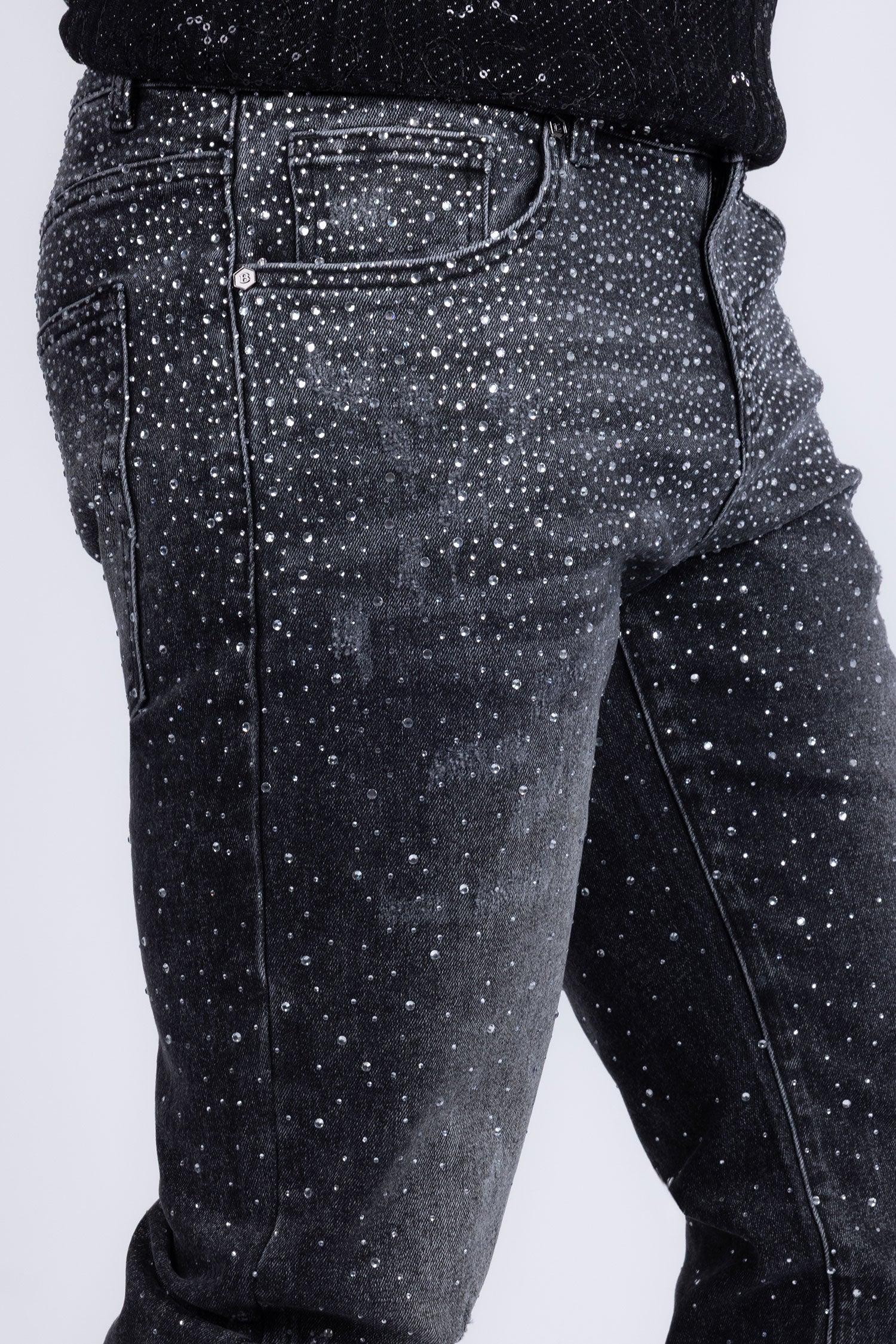 Barabas Men's Rhinestone Ripped Denim Washed Stretch Jeans 5JES02 Black SIlver