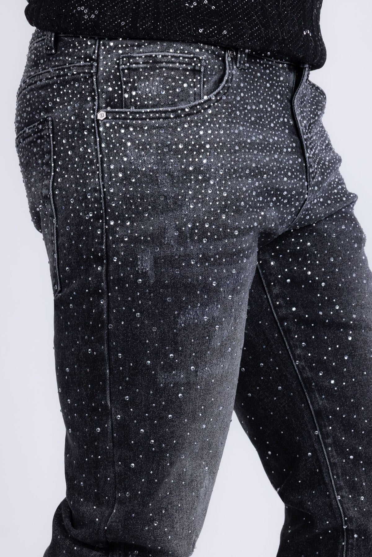 Barabas Men's Rhinestone Ripped Denim Washed Stretch Jeans 5JES02 Black SIlver