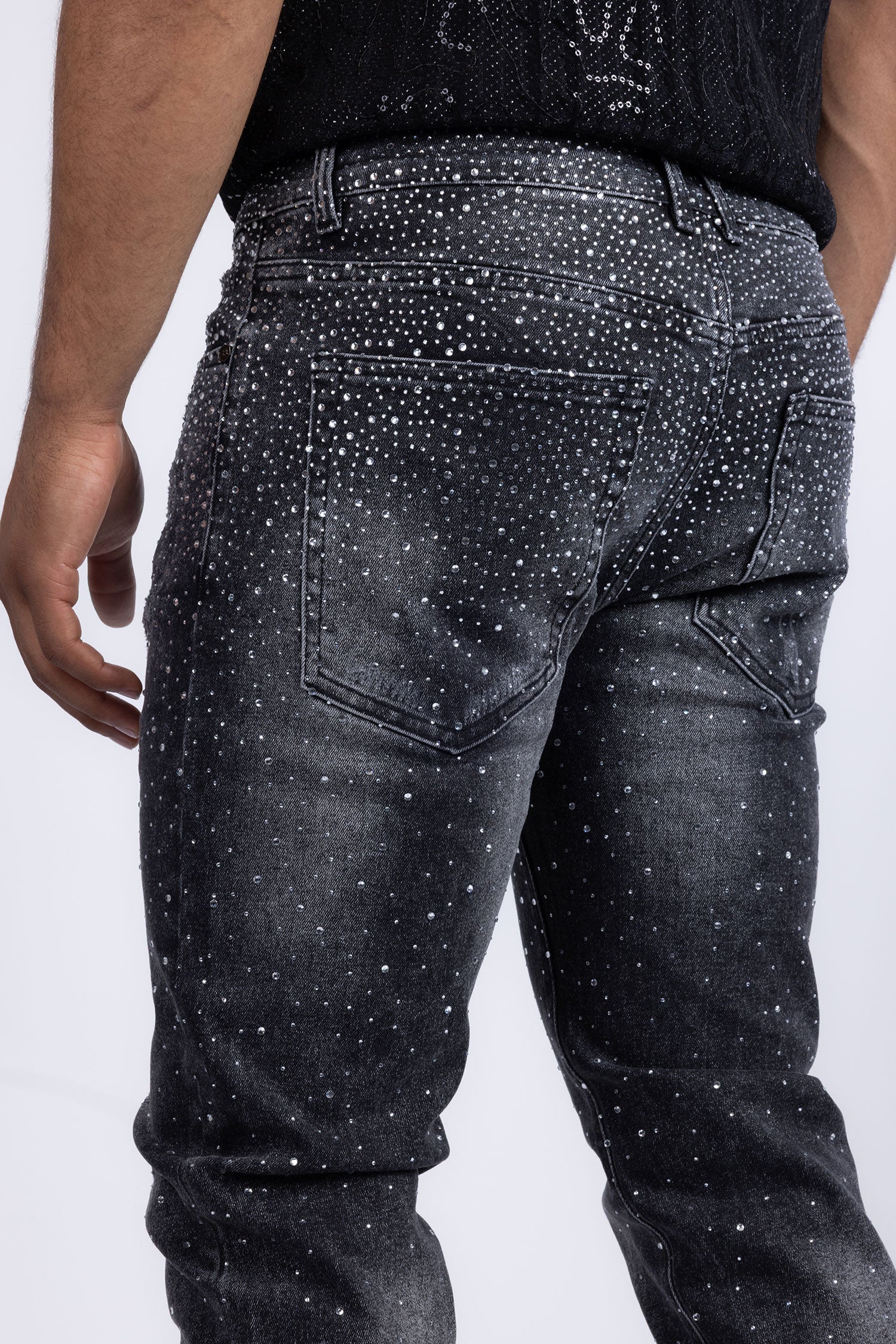 Barabas Men's Rhinestone Ripped Denim Washed Stretch Jeans 5JES02 Black SIlver