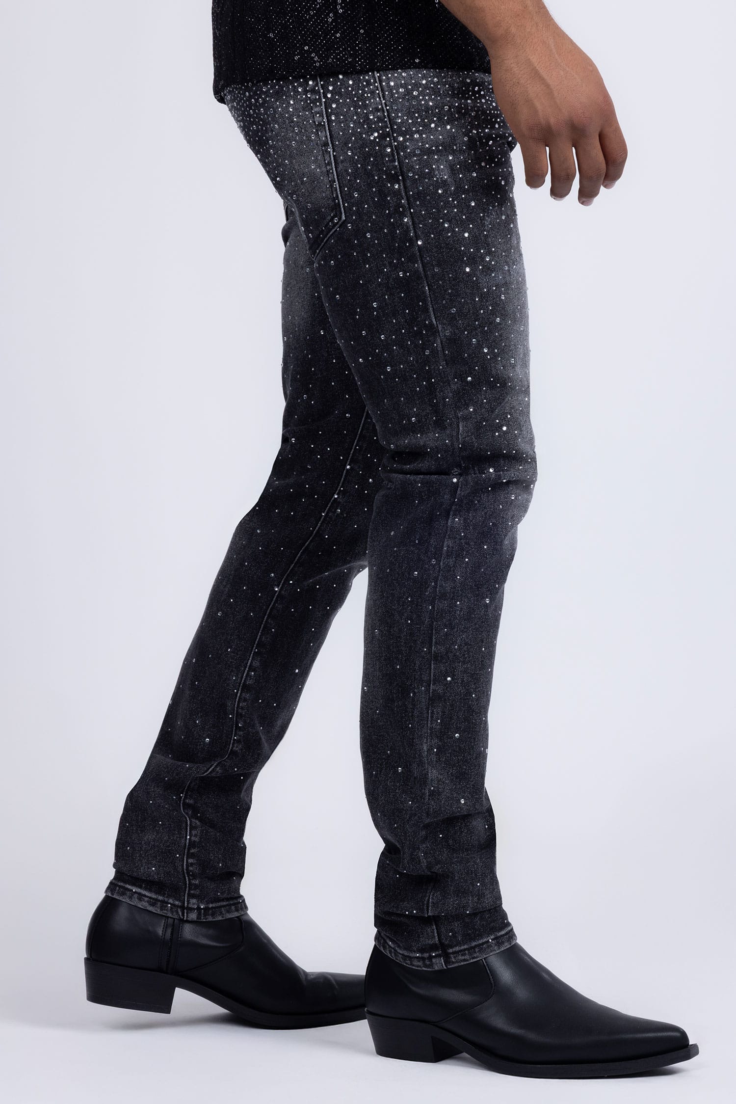Barabas Men's Rhinestone Ripped Denim Washed Stretch Jeans 5JES02 Black
