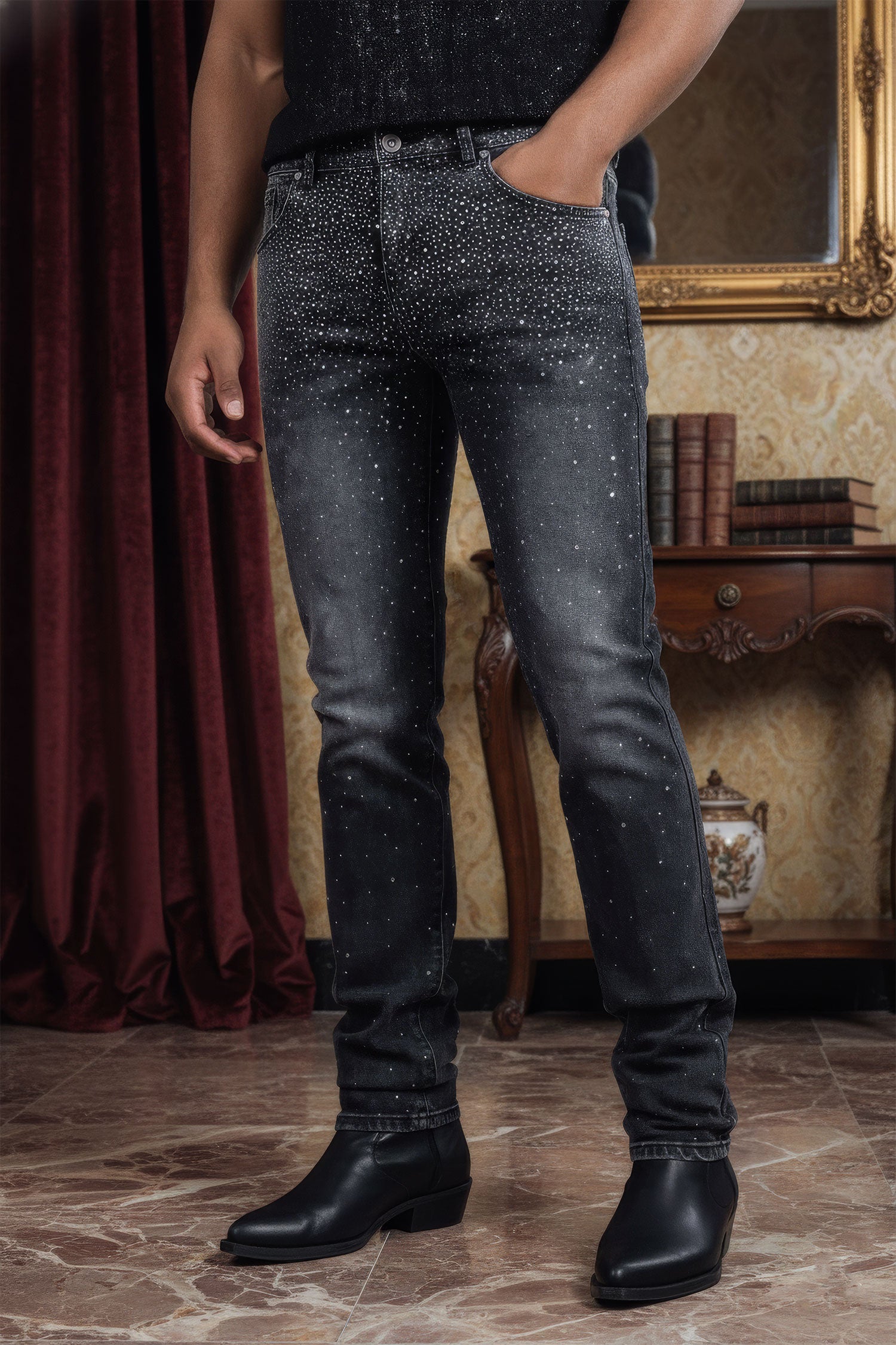 Barabas Men's Rhinestone Ripped Denim Washed Stretch Jeans 5JES02 Black SIlver