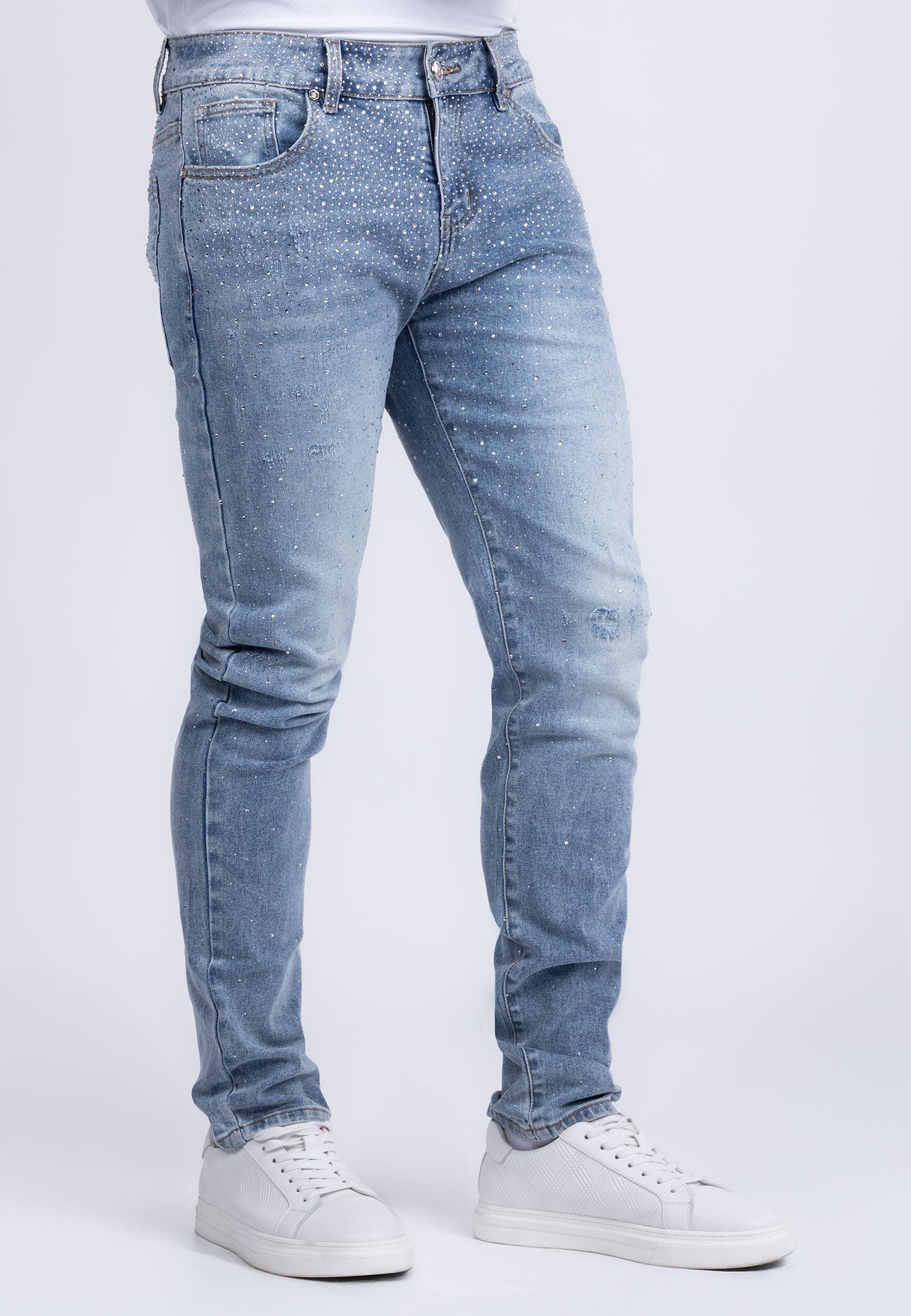 Barabas Men's Rhinestone Ripped Denim Washed Stretch Jeans 5JES02 Light Blue