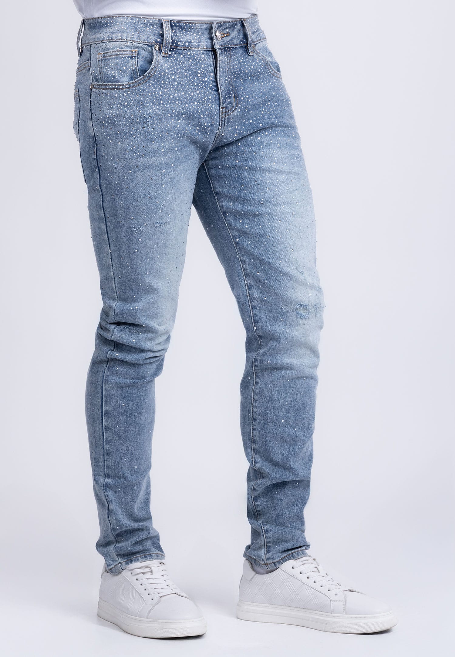 Barabas Men's Rhinestone Ripped Denim Washed Stretch Jeans 5JES02 Light Blue