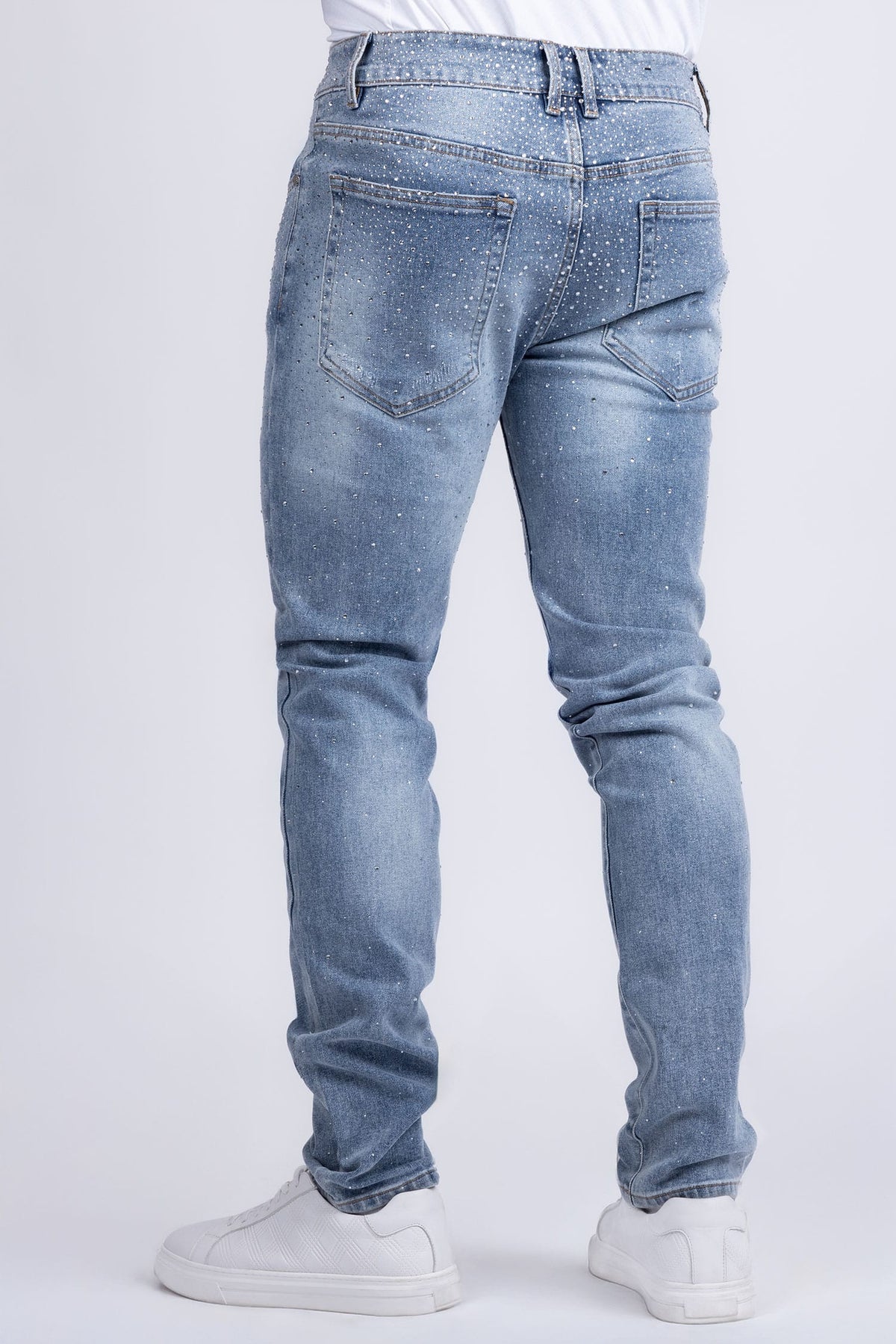 Barabas Men's Rhinestone Ripped Denim Washed Stretch Jeans 5JES02 Light Blue