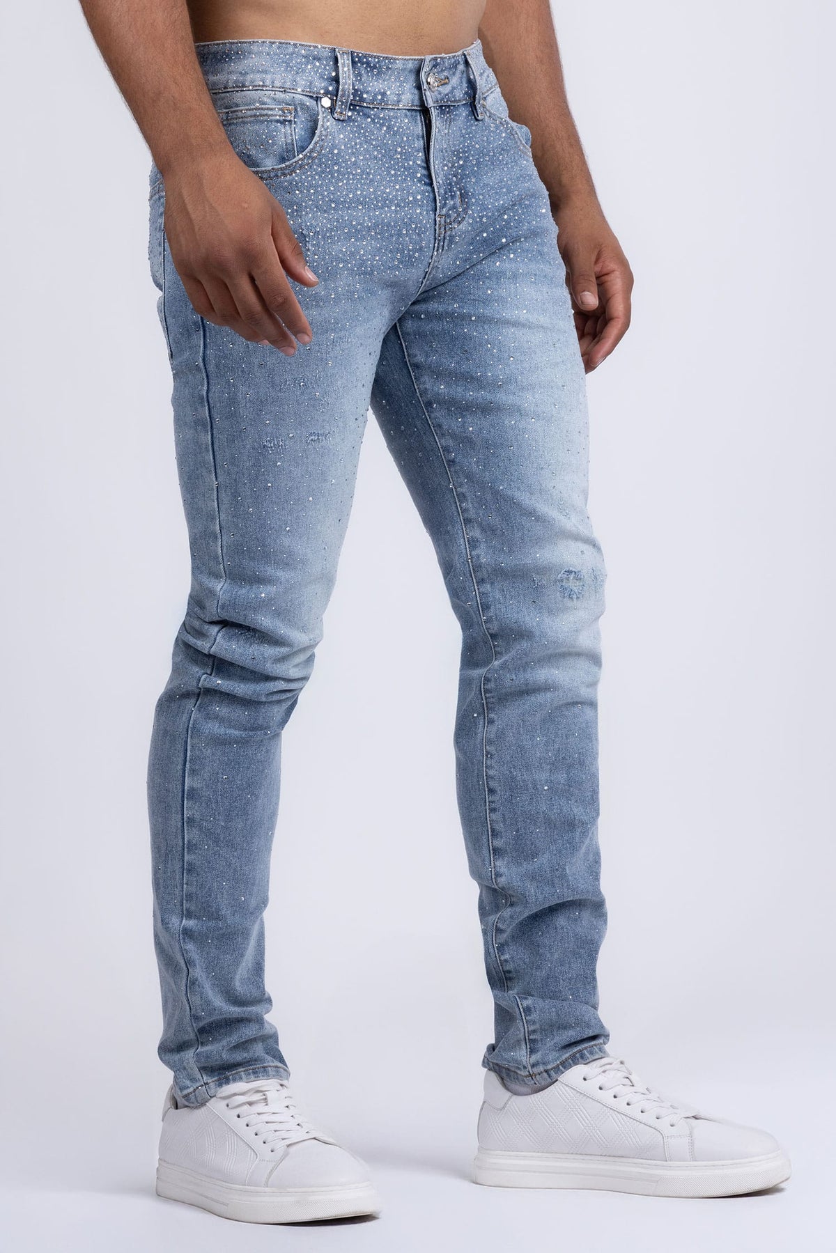 Barabas Men's Rhinestone Ripped Denim Washed Stretch Jeans 5JES02 Light Blue