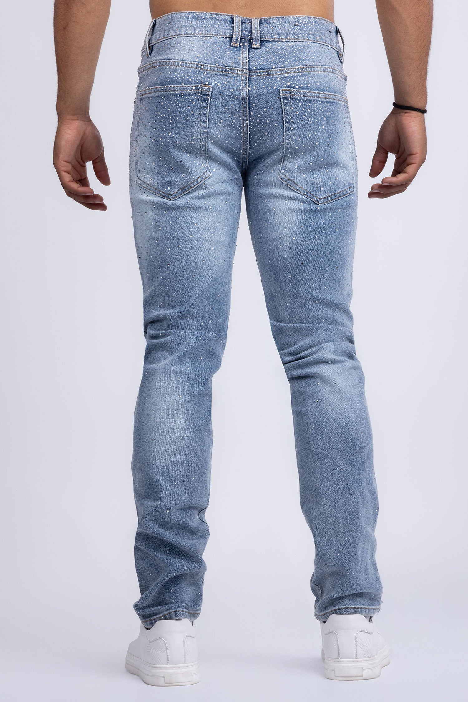 Barabas Men's Rhinestone Ripped Denim Washed Stretch Jeans 5JES02 Light Blue