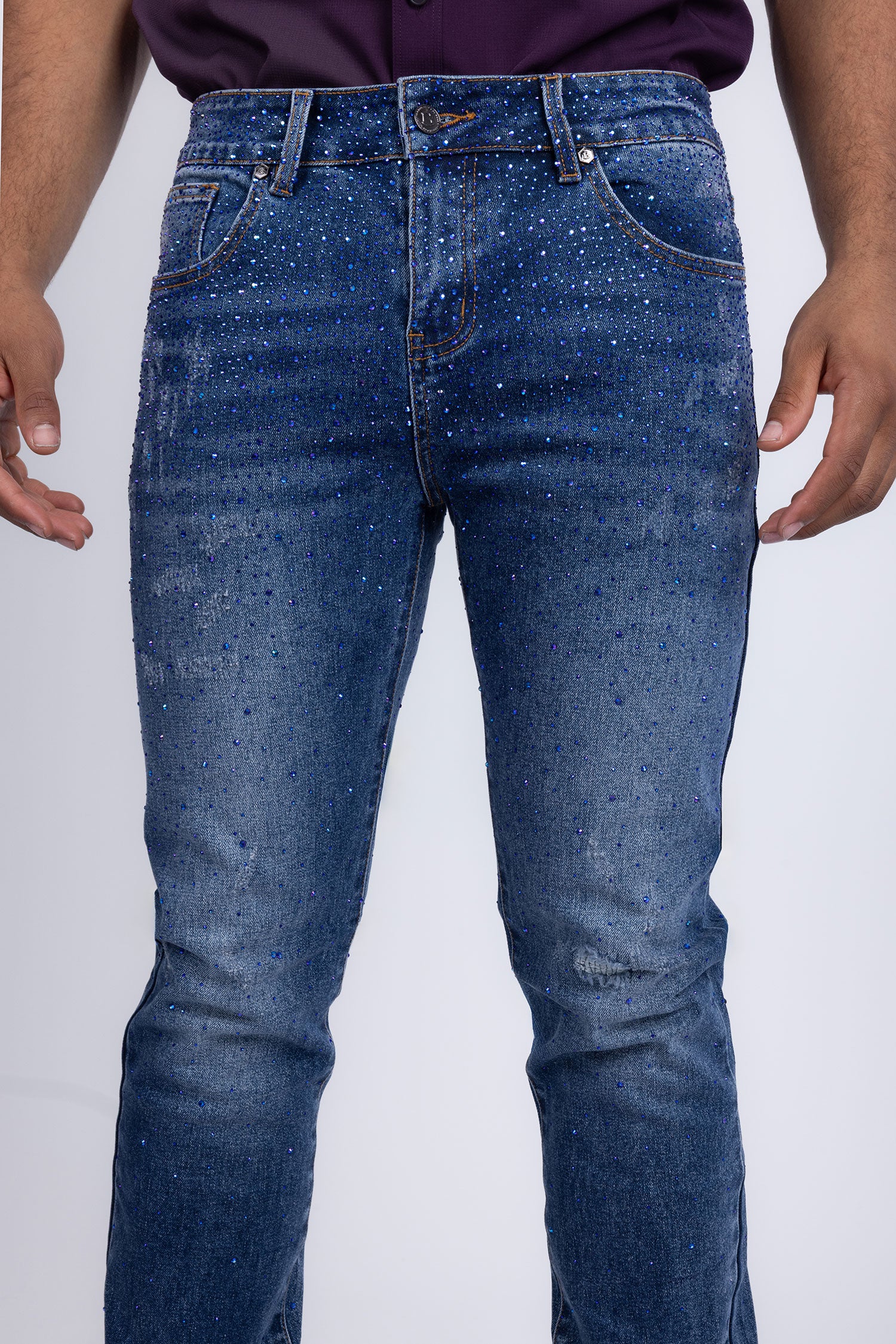 Barabas Men's Rhinestone Ripped Denim Washed Stretch Jeans 5JES02 Blue