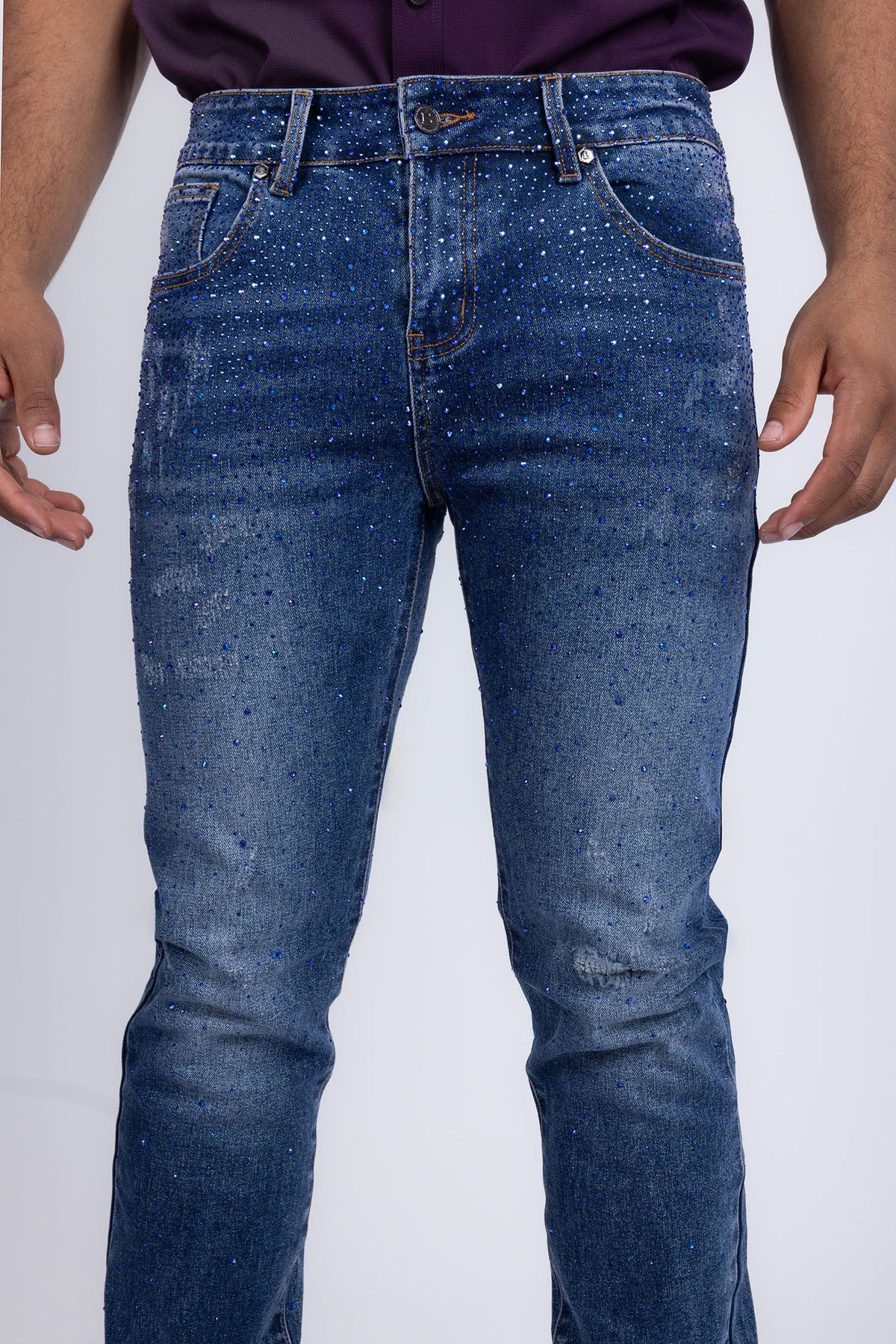 Barabas Men's Rhinestone Ripped Denim Washed Stretch Jeans 5JES02 Blue
