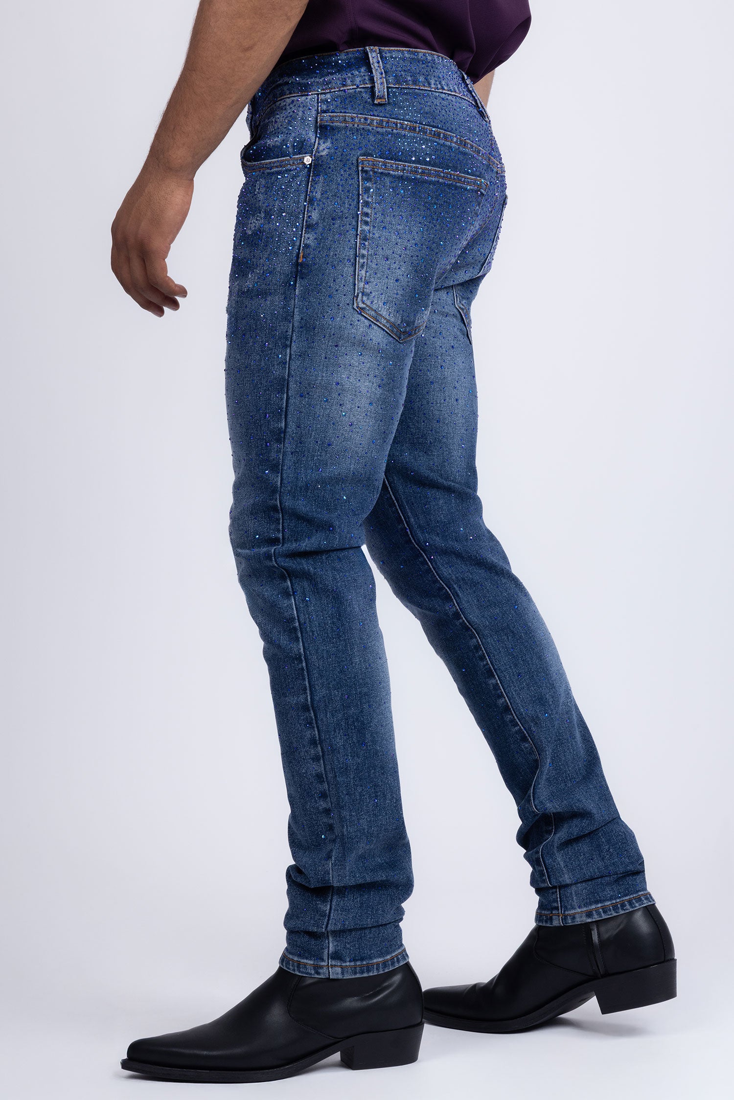 Barabas Men's Rhinestone Ripped Denim Washed Stretch Jeans 5JES02 Blue