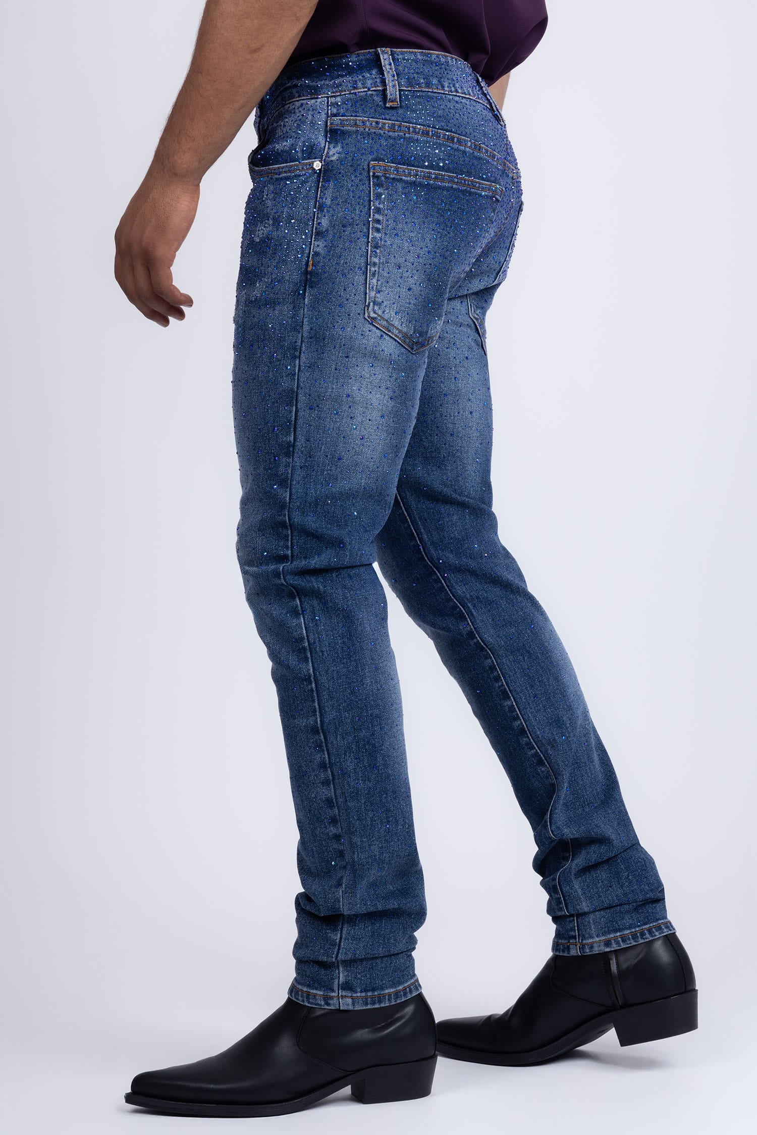 Barabas Men's Rhinestone Ripped Denim Washed Stretch Jeans 5JES02 Blue