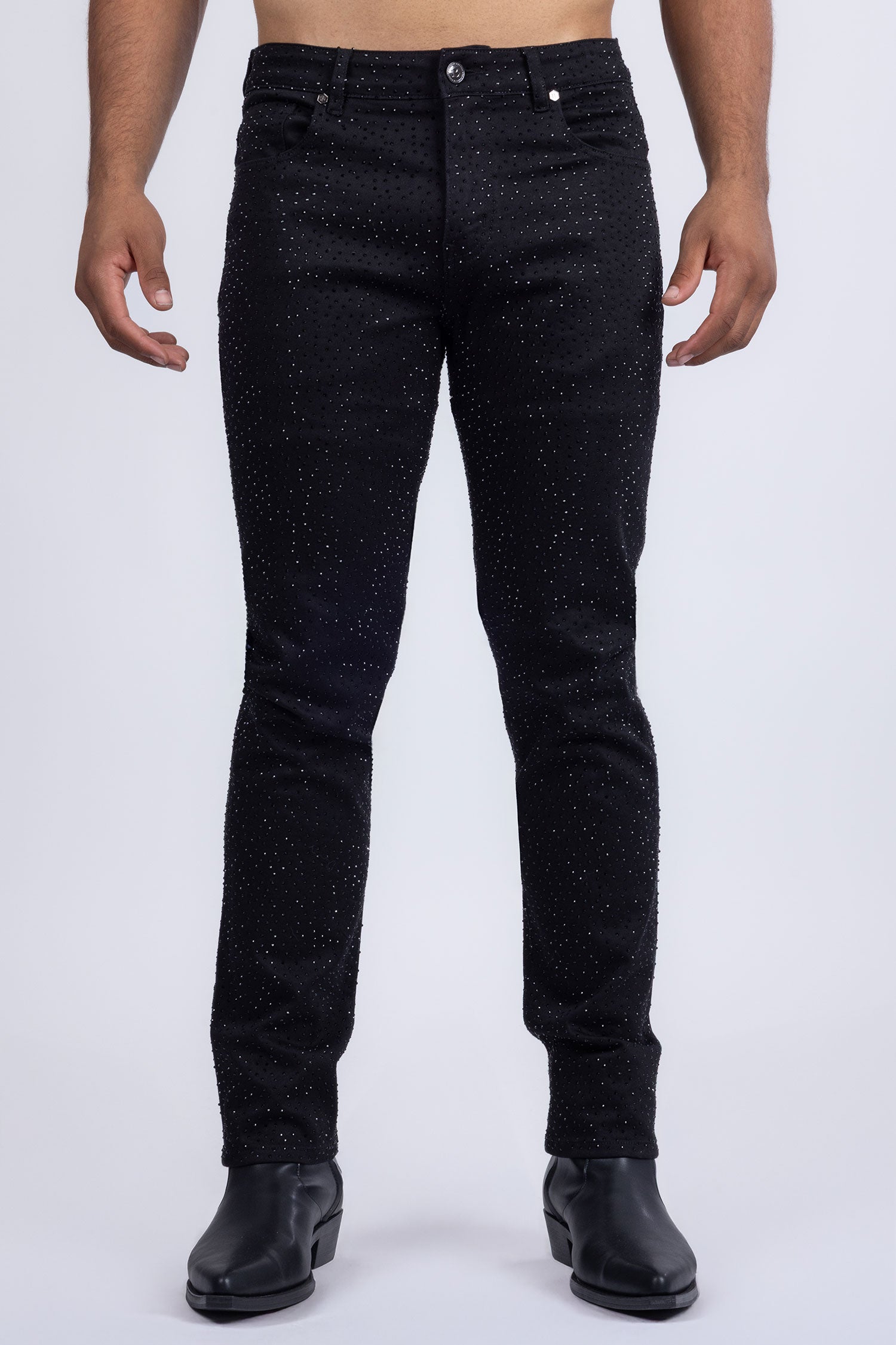 Barabas Men's Rhinestone Ripped Denim Stretch Jeans 5JES03 Black Black