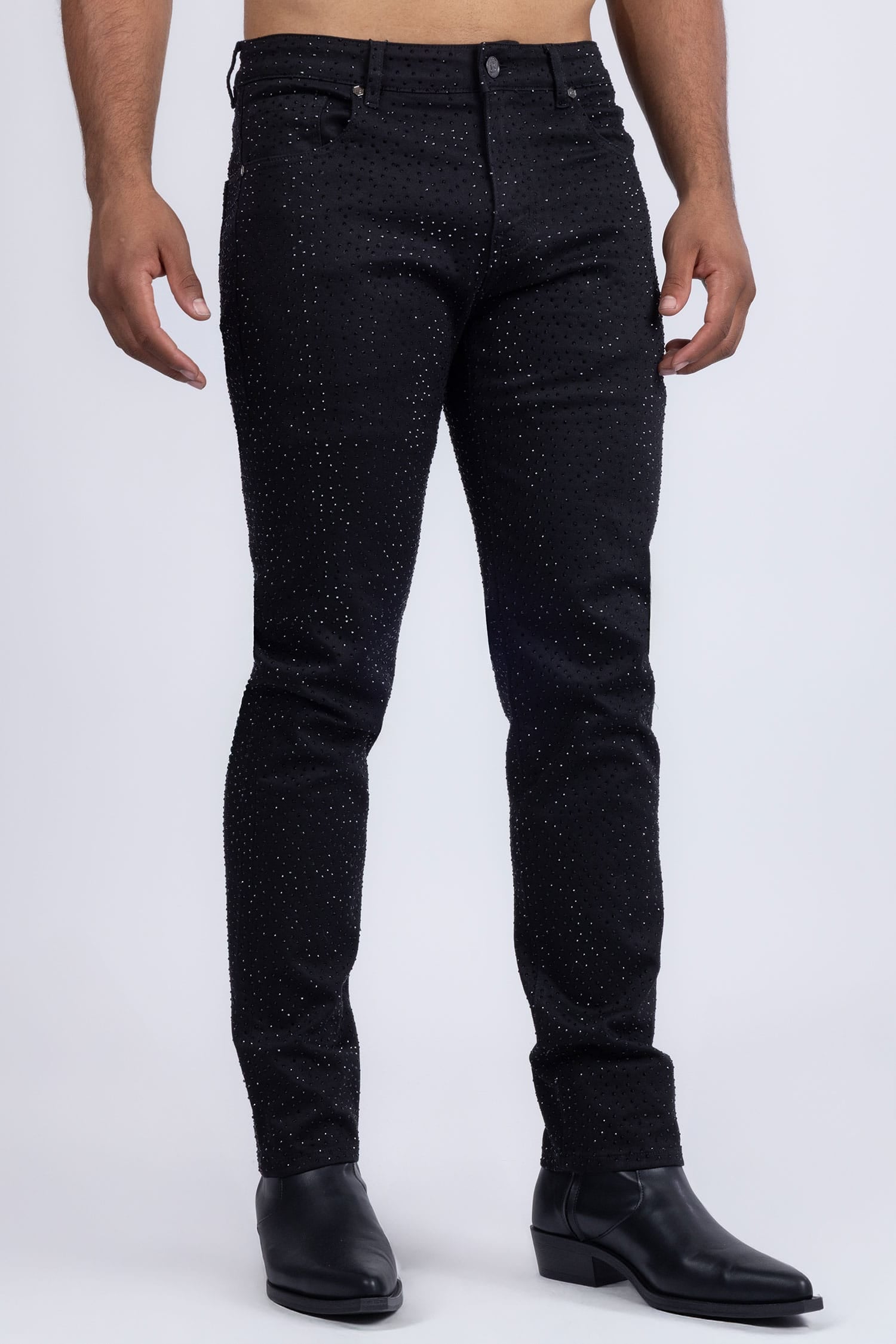 Barabas Men's Rhinestone Ripped Denim Stretch Jeans 5JES03 Black Black