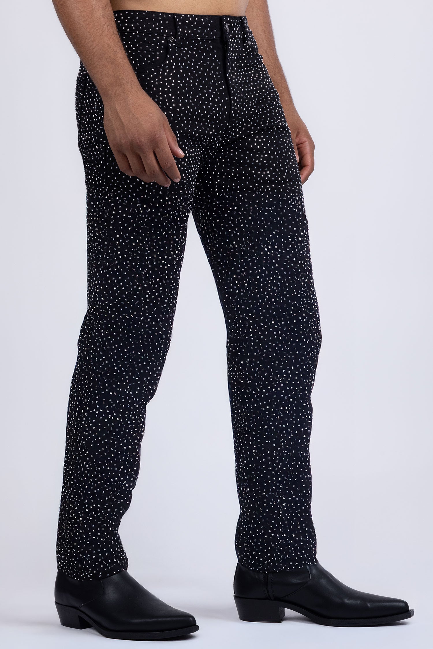 Barabas Men's Rhinestone Ripped Denim Stretch Jeans 5JES03 Black Silver