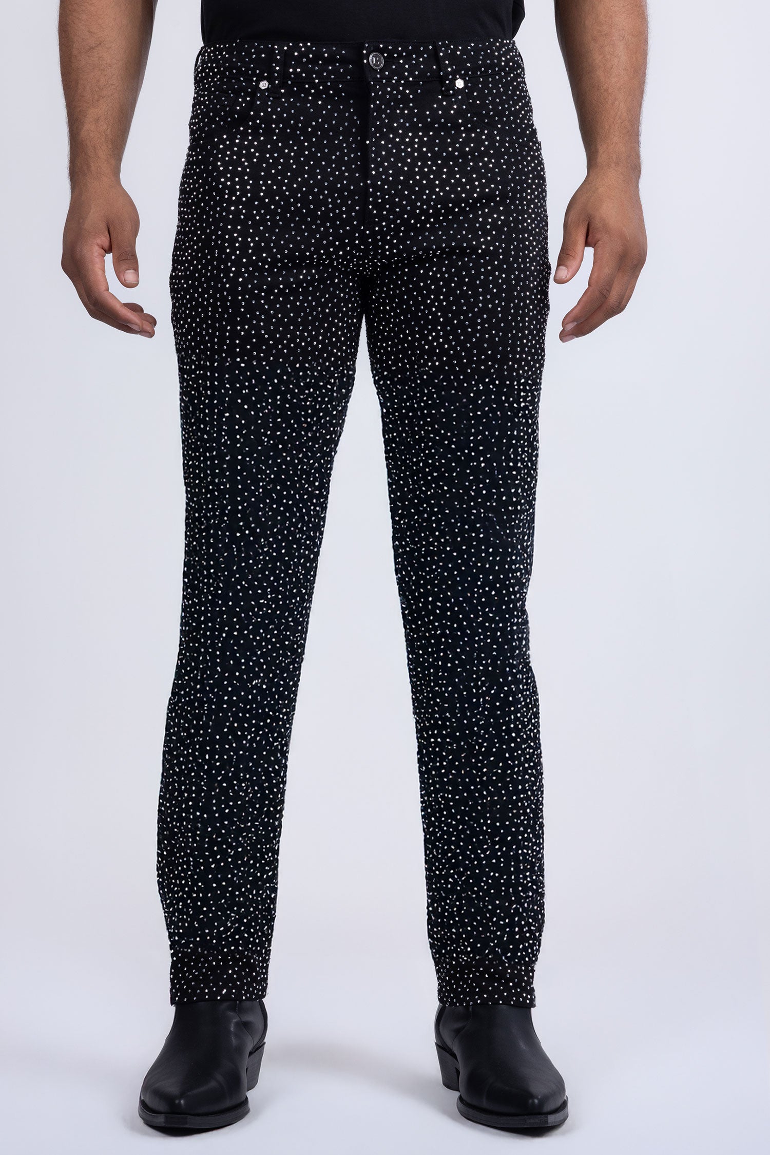 Barabas Men's Rhinestone Ripped Denim Stretch Jeans 5JES03 Black Silver