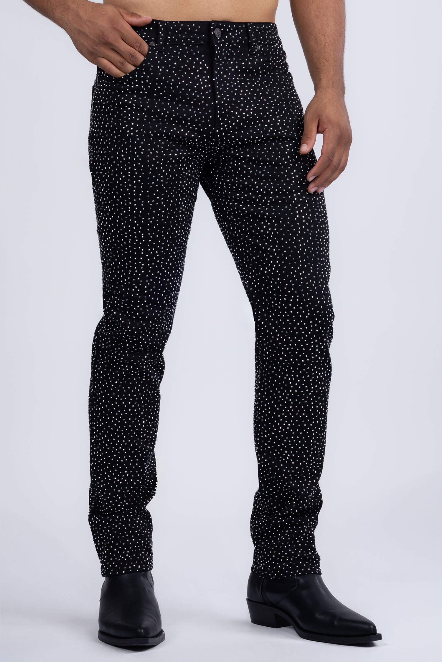 Barabas Men's Rhinestone Ripped Denim Stretch Jeans 5JES03 Black Silver