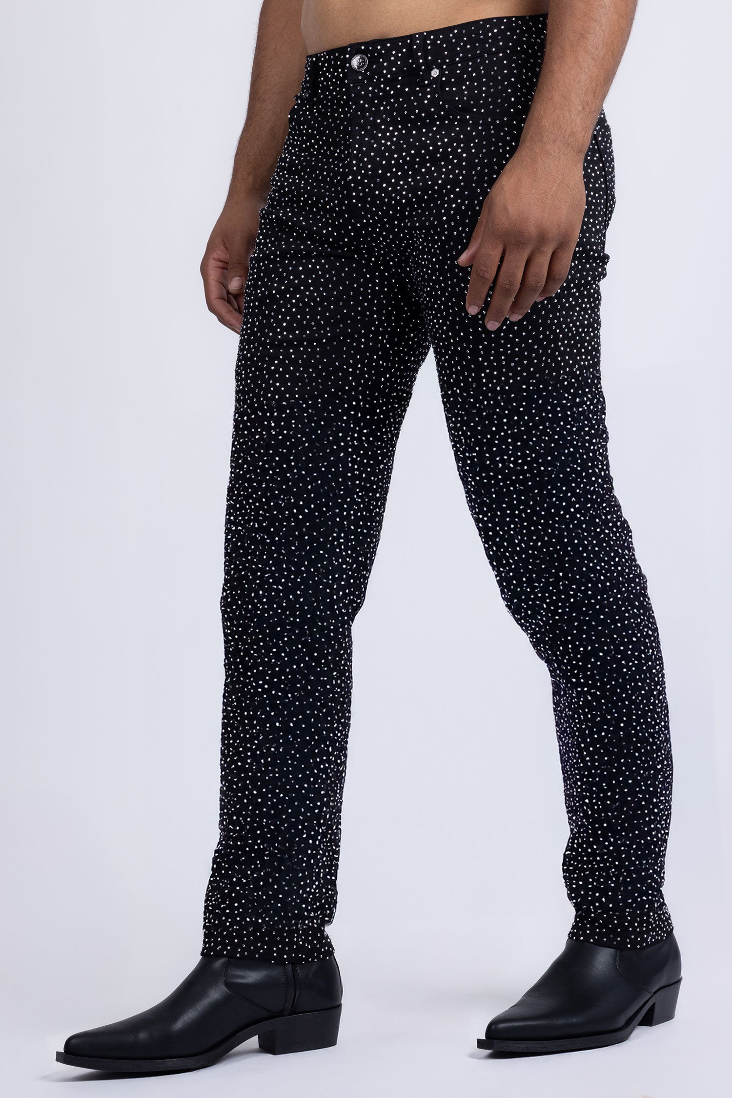 Barabas Men's Rhinestone Ripped Denim Stretch Jeans 5JES03 Black Silver