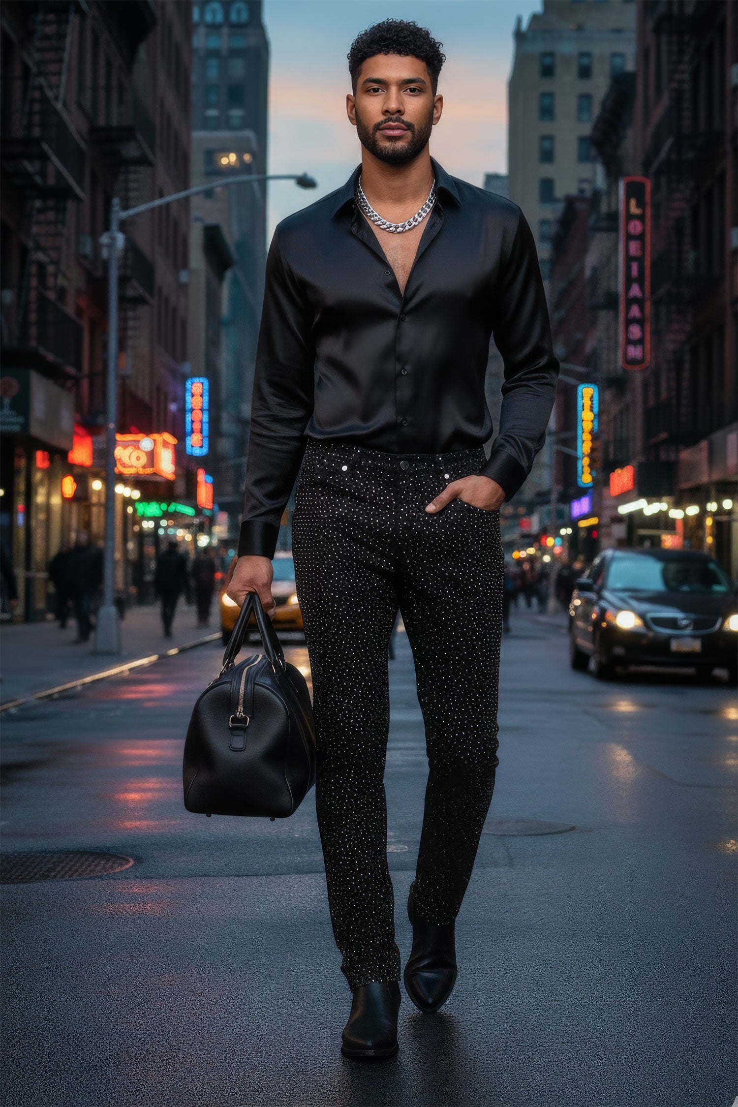 Barabas Men's Rhinestone Ripped Denim Stretch Jeans 5JES03 Black Silver